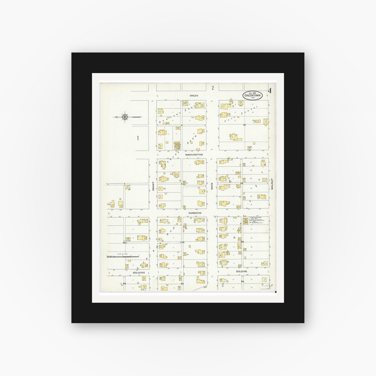 Old map wall art mockup — black gallery frame with white mat — Sanborn Fire Insurance Map from Greentown, Howard County, Indiana (1909), Sheet #0004