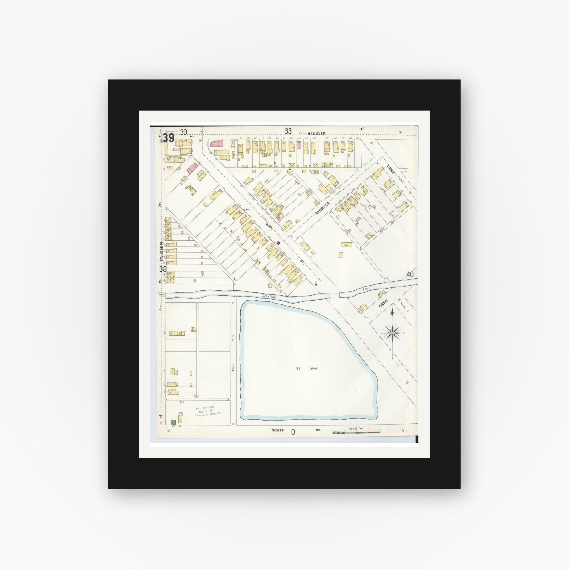 Old map wall art mockup — black gallery frame with white mat — Sanborn Fire Insurance Map from Hamilton, Butler County, Ohio (1899), Sheet #0039