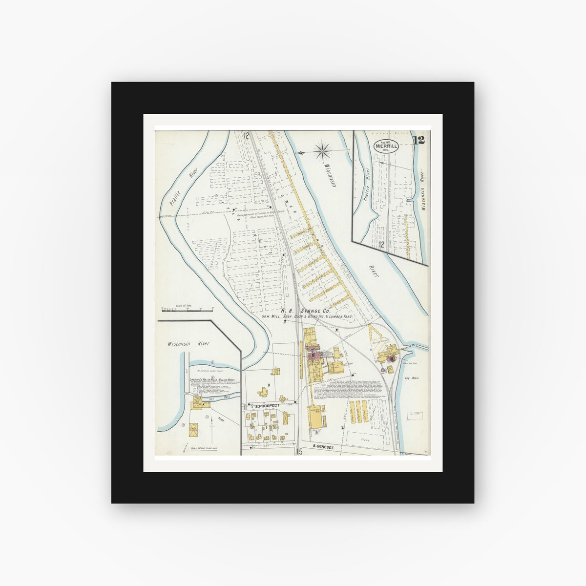Old map wall art mockup — black gallery frame with white mat — Sanborn Fire Insurance Map from Merrill, Lincoln County, Wisconsin (1902), Sheet #0012