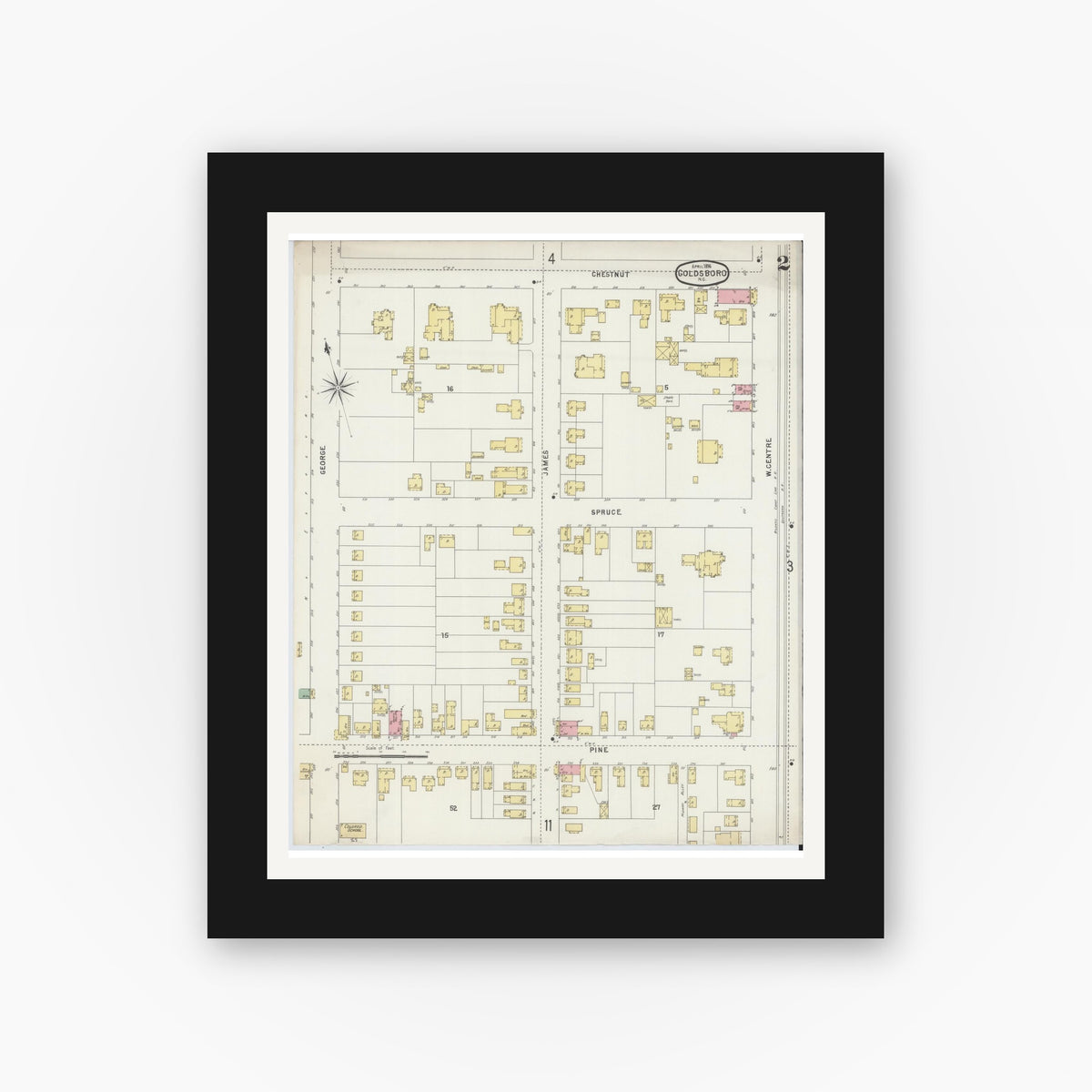 Old map wall art mockup — black gallery frame with white mat — Sanborn Fire Insurance Map from Goldsboro, Wayne County, North Carolina (1896), Sheet #0002