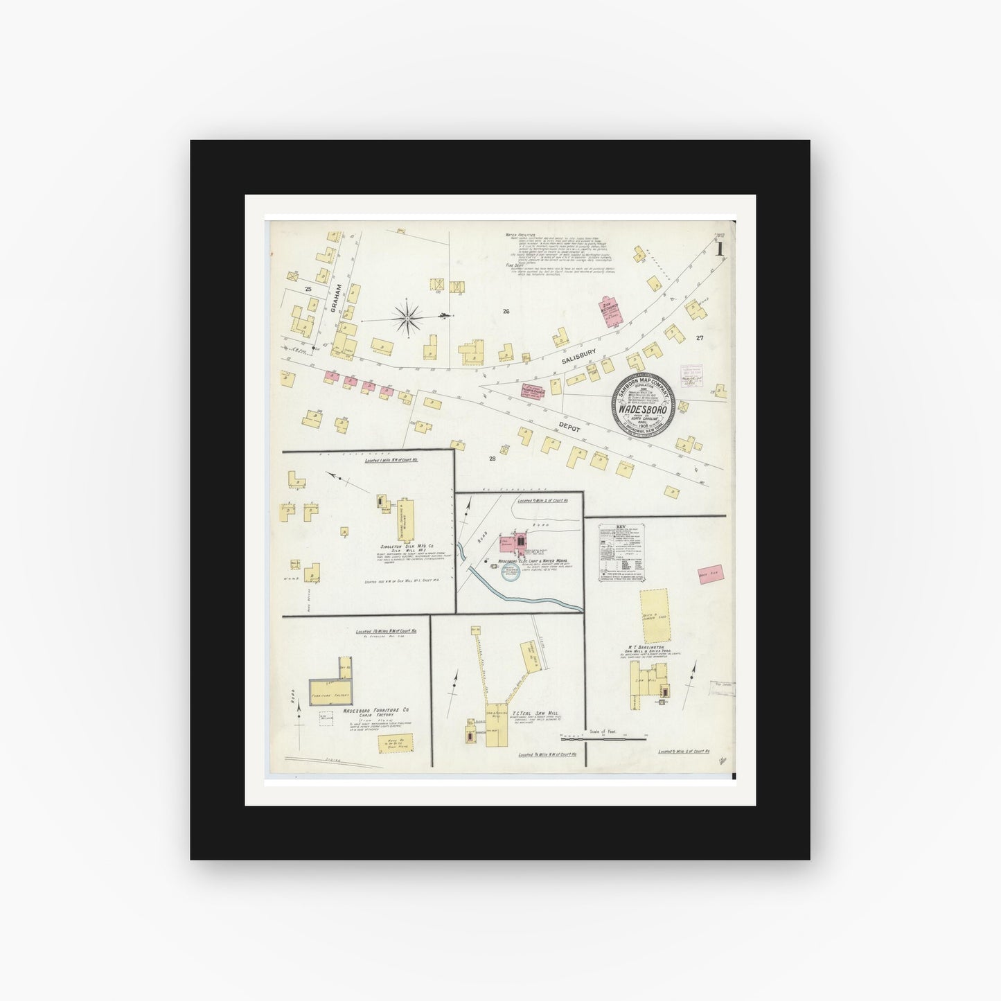 Old map wall art mockup — black gallery frame with white mat — Sanborn Fire Insurance Map from Wadesboro, Anson County, North Carolina (1908) - Complete Map Set