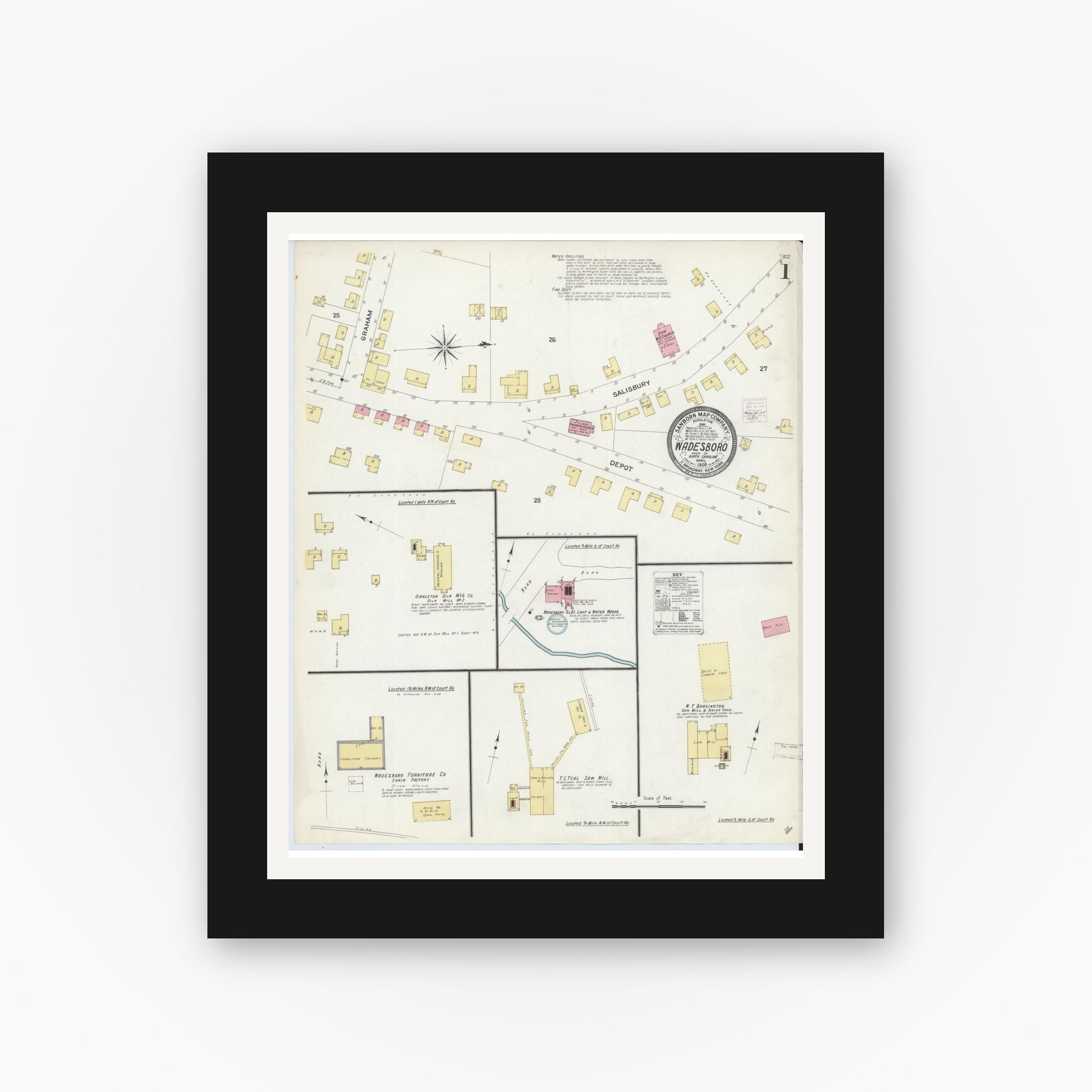 Old map wall art mockup — black gallery frame with white mat — Sanborn Fire Insurance Map from Wadesboro, Anson County, North Carolina (1908) - Complete Map Set