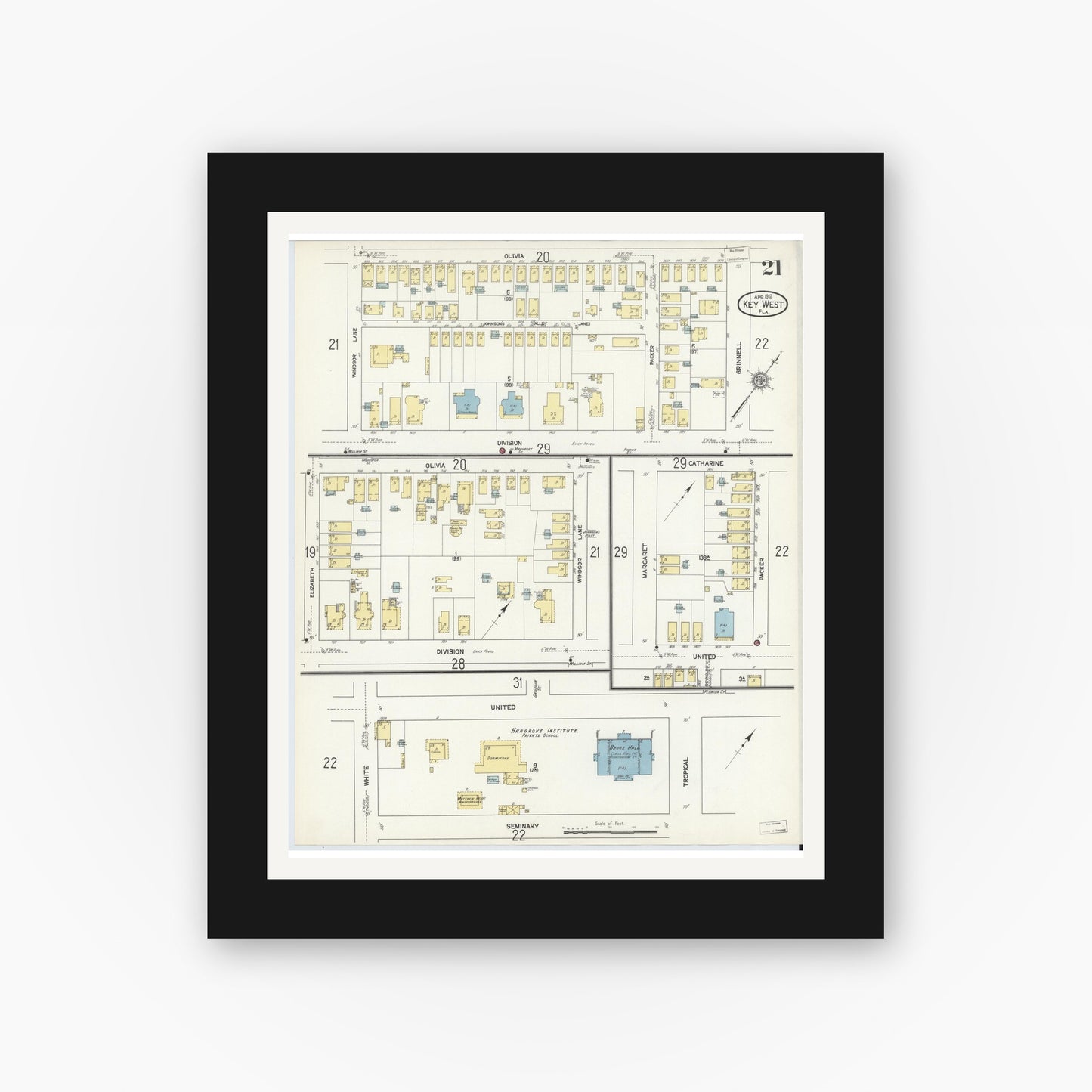 Old map wall art mockup — black gallery frame with white mat — Sanborn Fire Insurance Map from Key West, Monroe County, Florida (1912), Sheet #0021