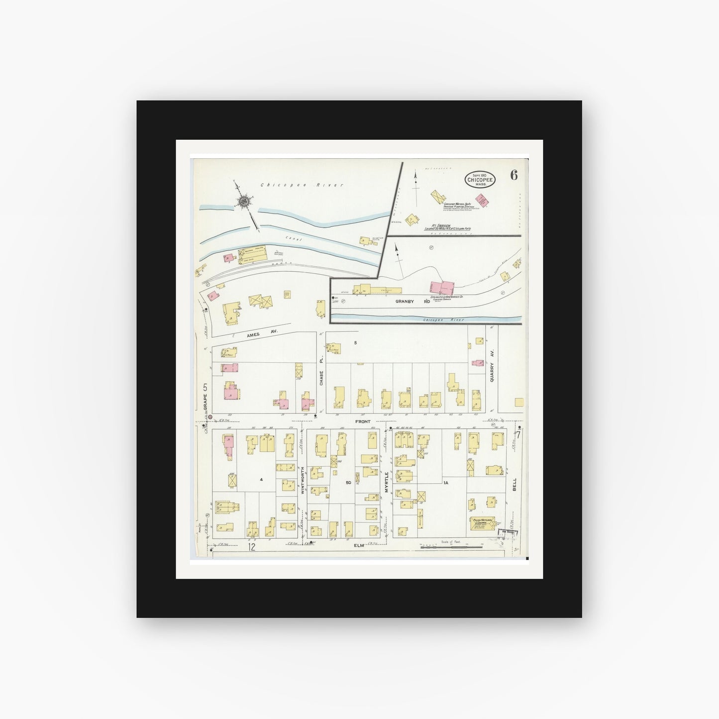 Old map wall art mockup — black gallery frame with white mat — Sanborn Fire Insurance Map from Chicopee, Hampden County, Massachusetts (1910), Sheet #0006