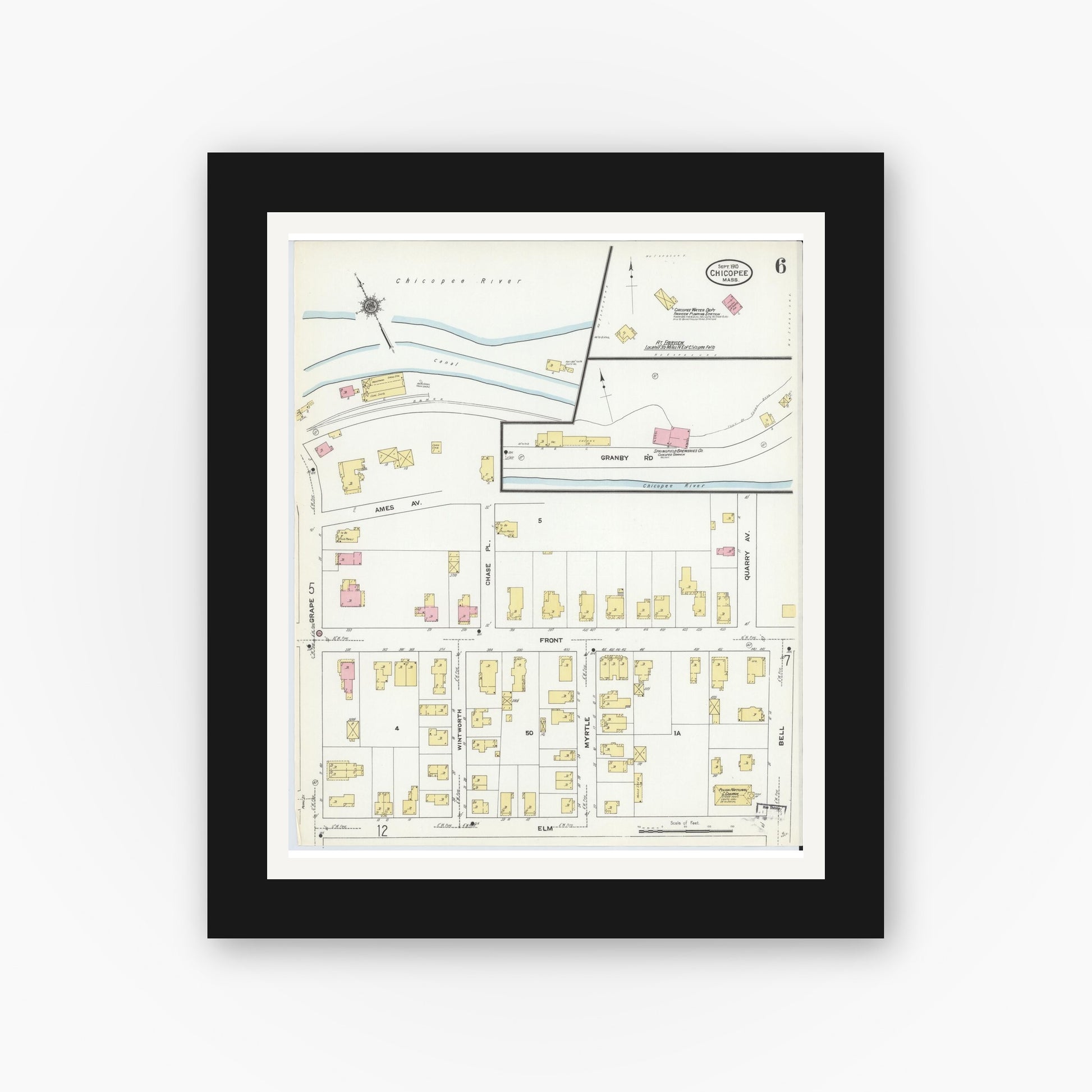 Old map wall art mockup — black gallery frame with white mat — Sanborn Fire Insurance Map from Chicopee, Hampden County, Massachusetts (1910), Sheet #0006