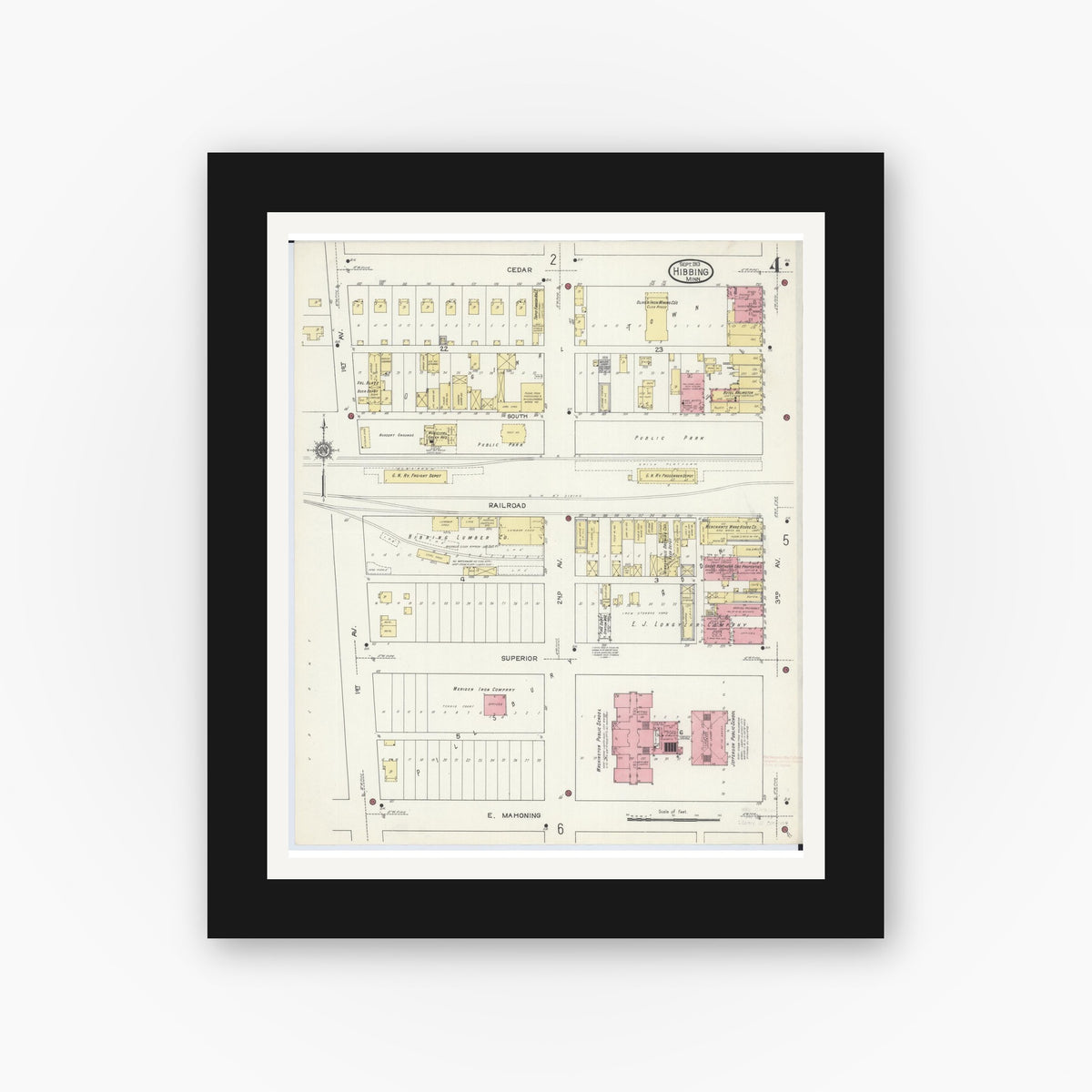 Old map wall art mockup — black gallery frame with white mat — Sanborn Fire Insurance Map from Hibbing, Saint Louis County, Minnesota (1913), Sheet #0004