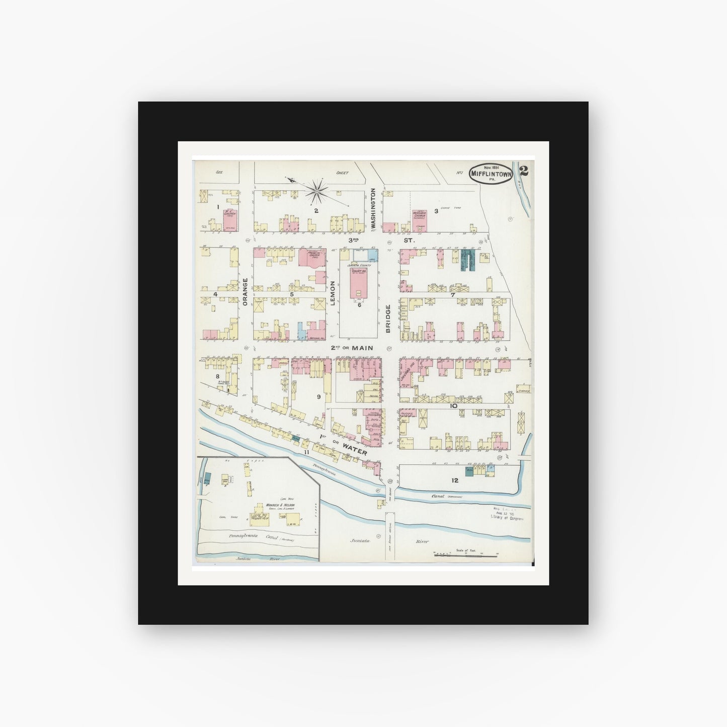 Old map wall art mockup — black gallery frame with white mat — Sanborn Fire Insurance Map from Mifflintown, Juniata County, Pennsylvania (1891), Sheet #0002