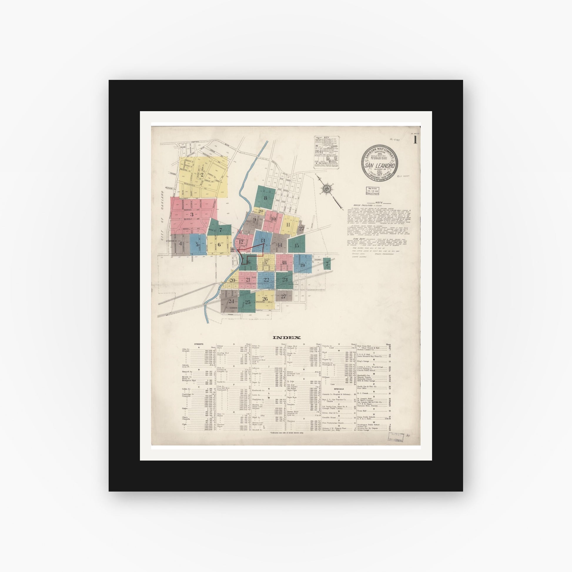 Old map wall art mockup — black gallery frame with white mat — Sanborn Fire Insurance Map from San Leandro, Alameda County, California (1917) - Complete Map Set