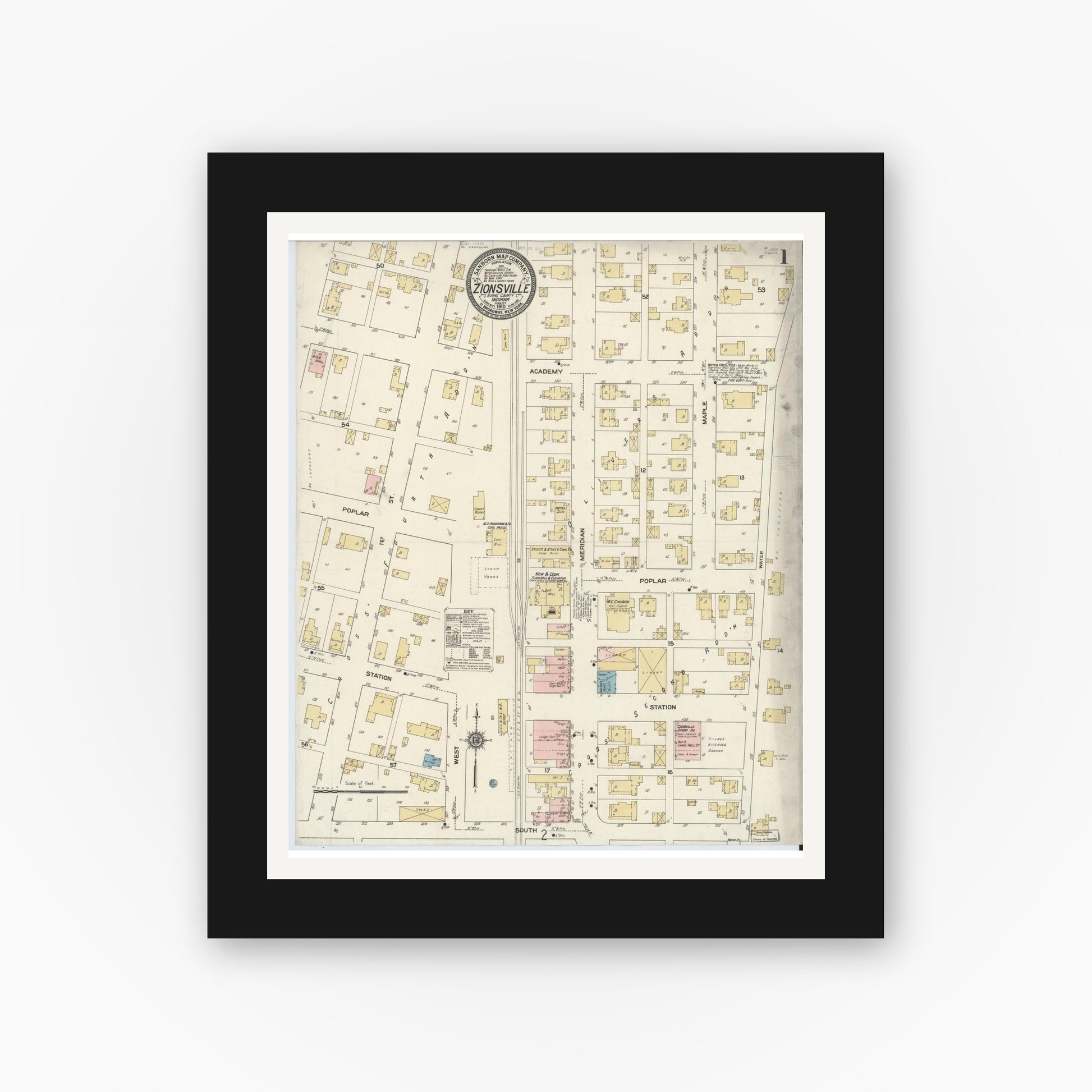 Old map wall art mockup — black gallery frame with white mat — Sanborn Fire Insurance Map from Zionsville, Boone County, Indiana (1910) - Complete Map Set