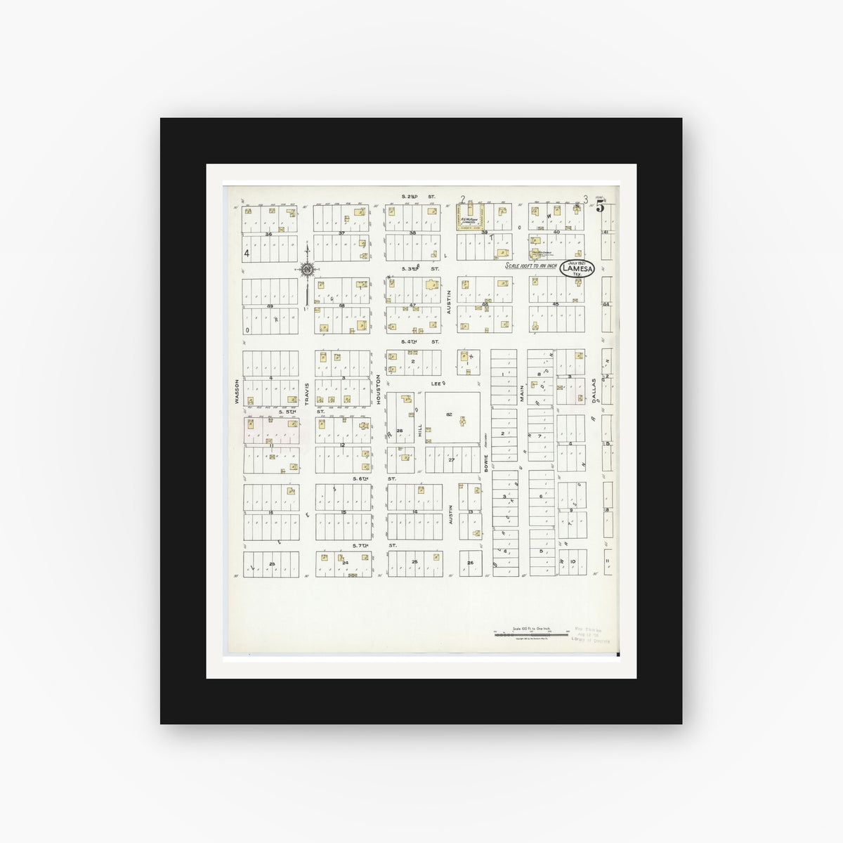Old map wall art mockup — black gallery frame with white mat — Sanborn Fire Insurance Map from Lamesa, Dawson County, Texas (1921), Sheet #0005