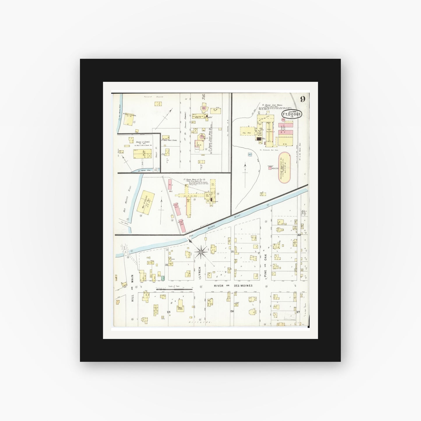 Old map wall art mockup — black gallery frame with white mat — Sanborn Fire Insurance Map from Fort Dodge, Webster County, Iowa (1896), Sheet #0009