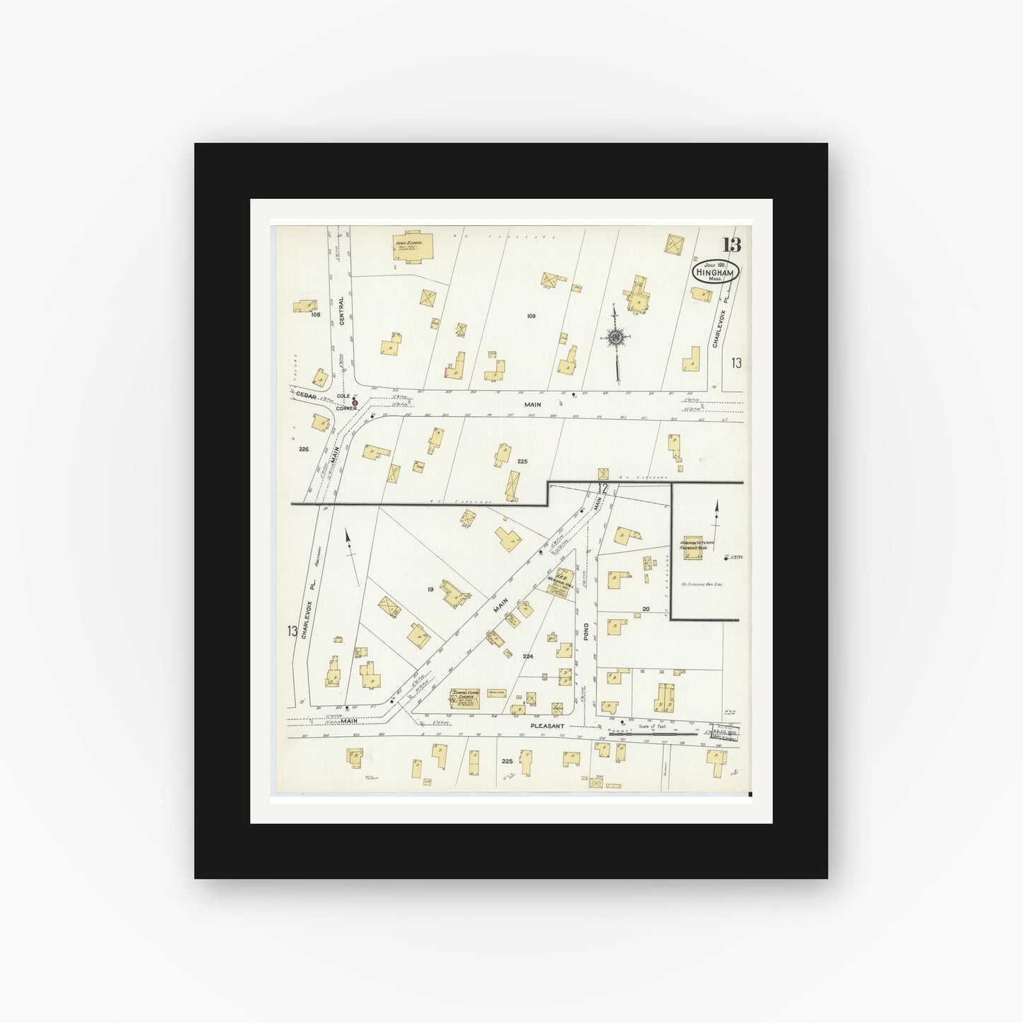 Old map wall art mockup — black gallery frame with white mat — Sanborn Fire Insurance Map from Hingham, Plymouth County, Massachusetts (1911), Sheet #0013