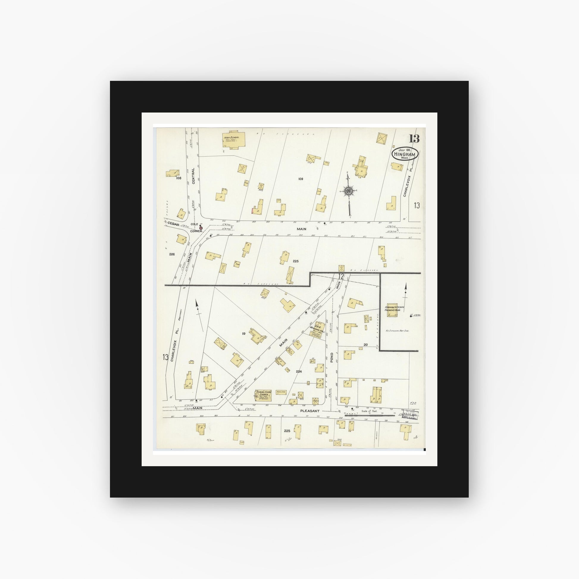 Old map wall art mockup — black gallery frame with white mat — Sanborn Fire Insurance Map from Hingham, Plymouth County, Massachusetts (1911), Sheet #0013