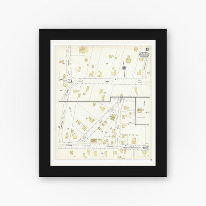 Old map wall art mockup — black gallery frame with white mat — Sanborn Fire Insurance Map from Hingham, Plymouth County, Massachusetts (1911), Sheet #0013