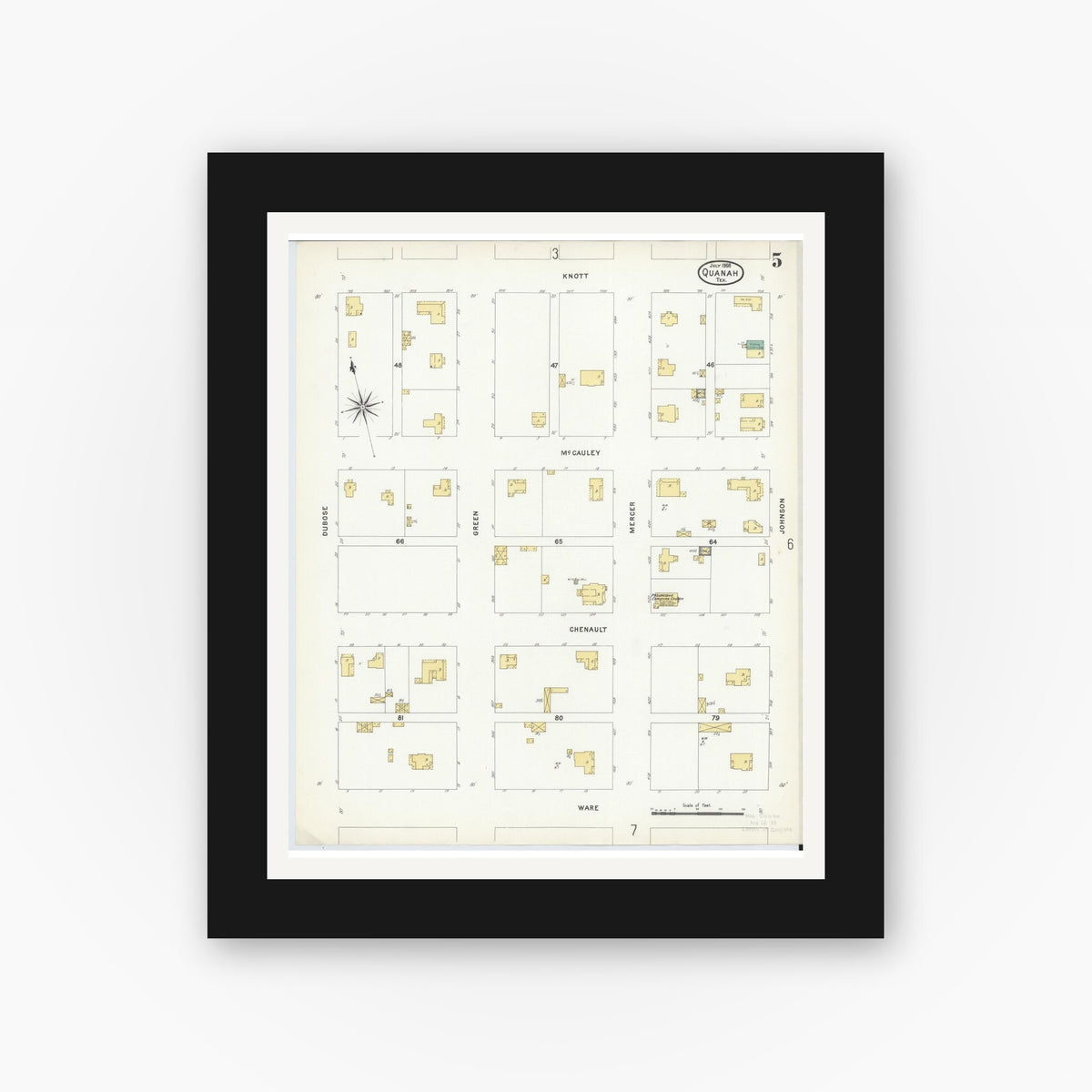Old map wall art mockup — black gallery frame with white mat — Sanborn Fire Insurance Map from Quanah, Hardeman County, Texas (1908), Sheet #0005