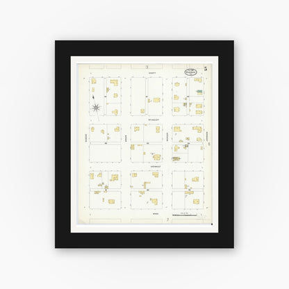 Old map wall art mockup — black gallery frame with white mat — Sanborn Fire Insurance Map from Quanah, Hardeman County, Texas (1908), Sheet #0005