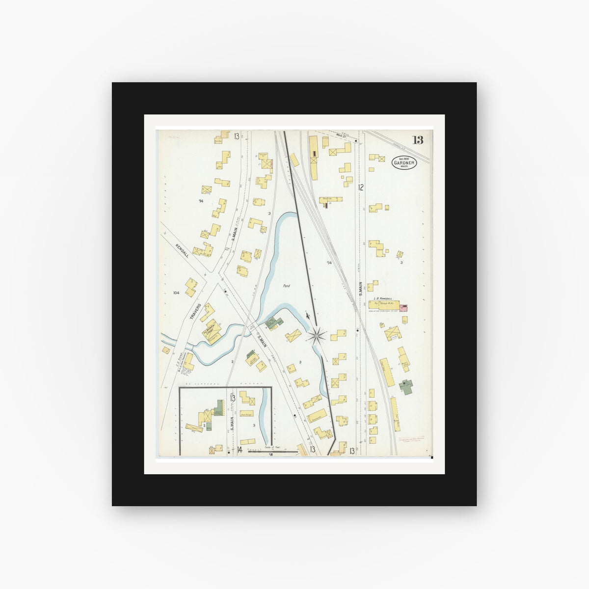 Old map wall art mockup — black gallery frame with white mat — Sanborn Fire Insurance Map from Gardner, Worcester County, Massachusetts (1900), Sheet #0013