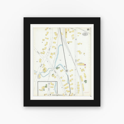 Old map wall art mockup — black gallery frame with white mat — Sanborn Fire Insurance Map from Gardner, Worcester County, Massachusetts (1900), Sheet #0013