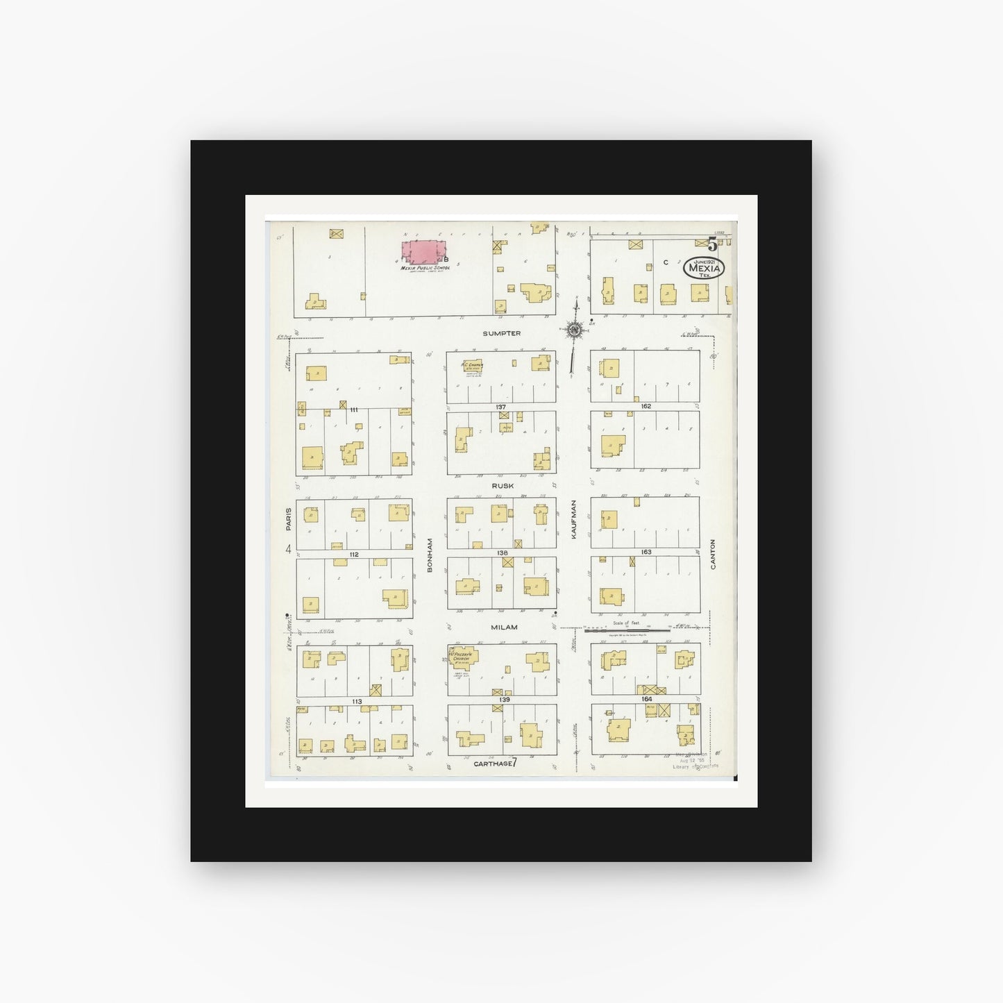 Old map wall art mockup — black gallery frame with white mat — Sanborn Fire Insurance Map from Mexia, Limestone County, Texas (1921), Sheet #0005