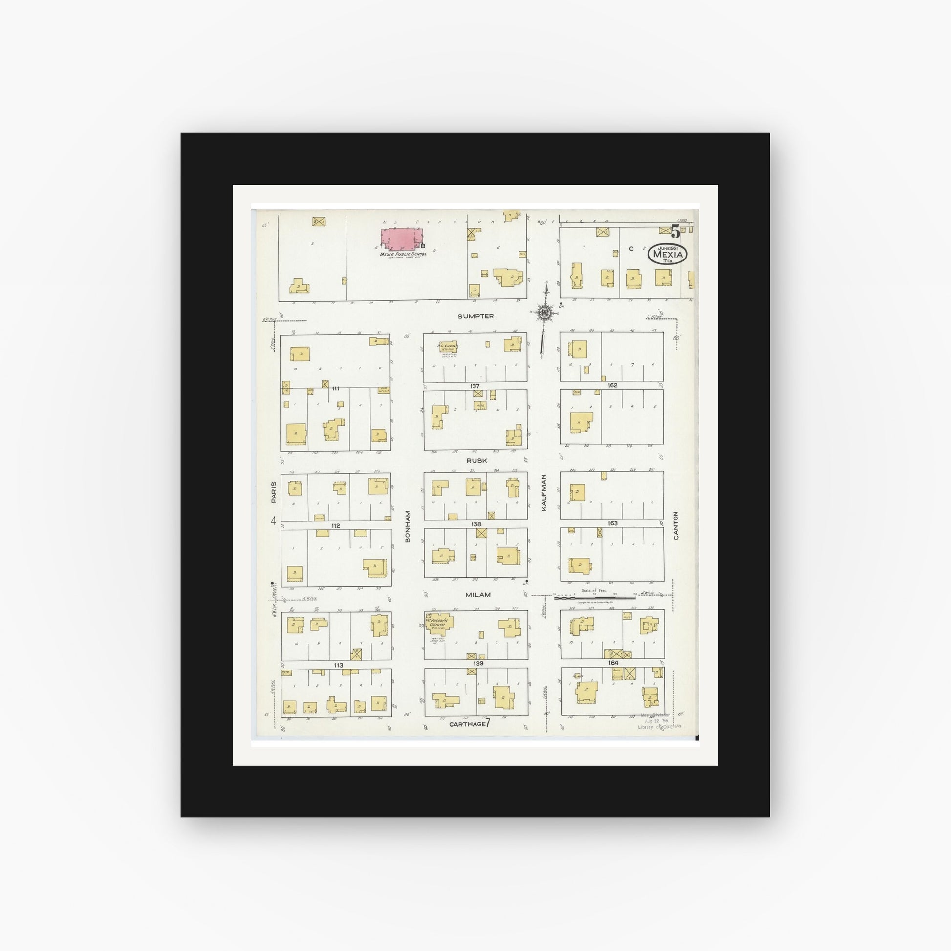 Old map wall art mockup — black gallery frame with white mat — Sanborn Fire Insurance Map from Mexia, Limestone County, Texas (1921), Sheet #0005