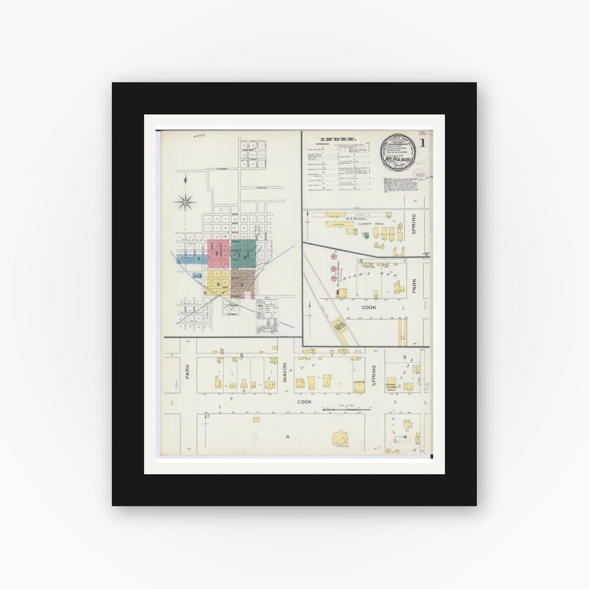 Old map wall art mockup — black gallery frame with white mat — Sanborn Fire Insurance Map from Mount Pulaski, Logan County, Illinois (1893) - Complete Map Set