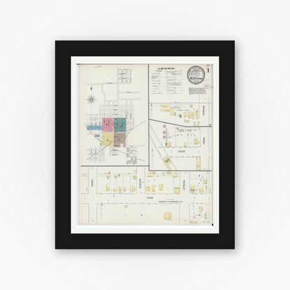 Old map wall art mockup — black gallery frame with white mat — Sanborn Fire Insurance Map from Mount Pulaski, Logan County, Illinois (1893) - Complete Map Set