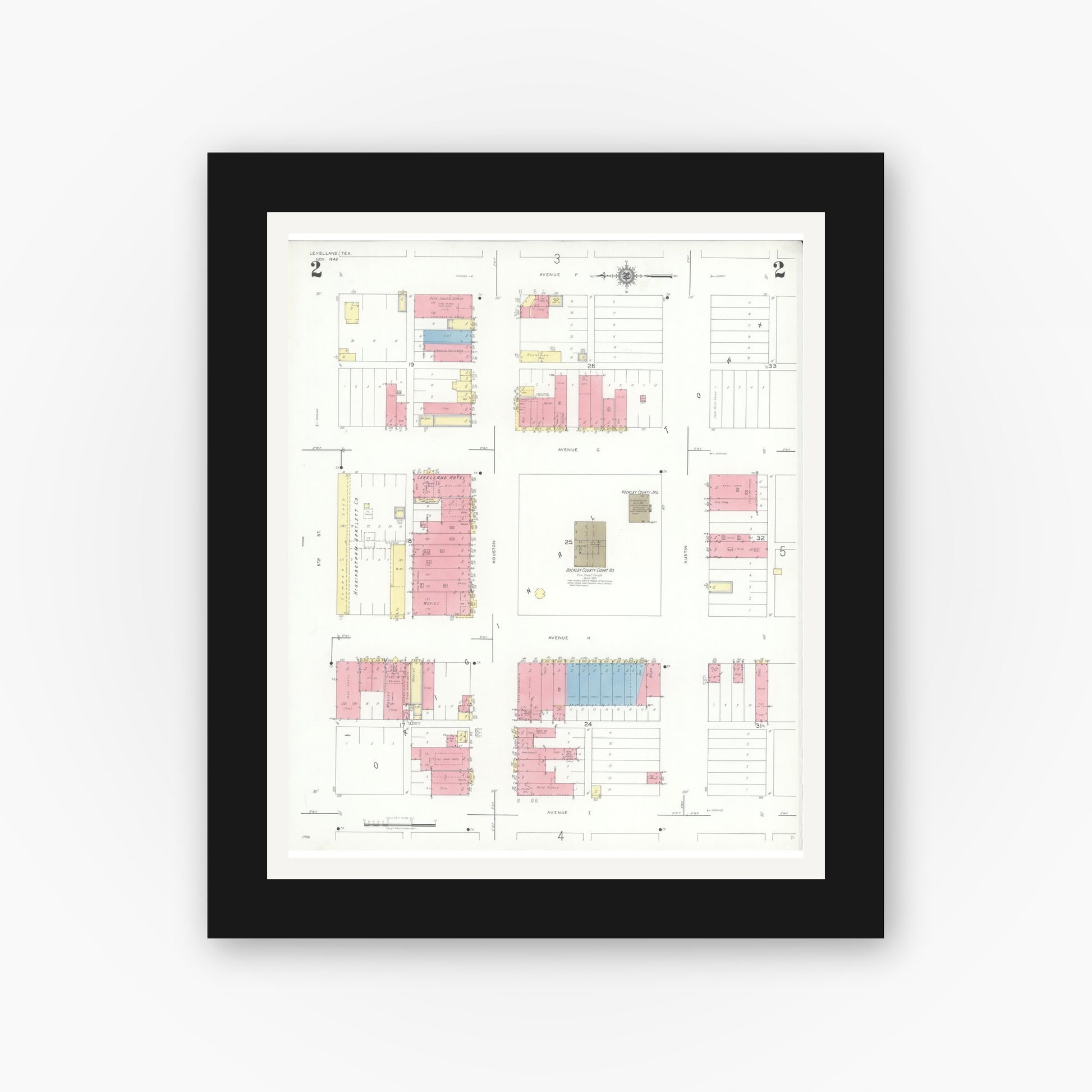 Old map wall art mockup — black gallery frame with white mat — Sanborn Fire Insurance Map from Levelland, Hockley County, Texas (1942), Sheet #0002