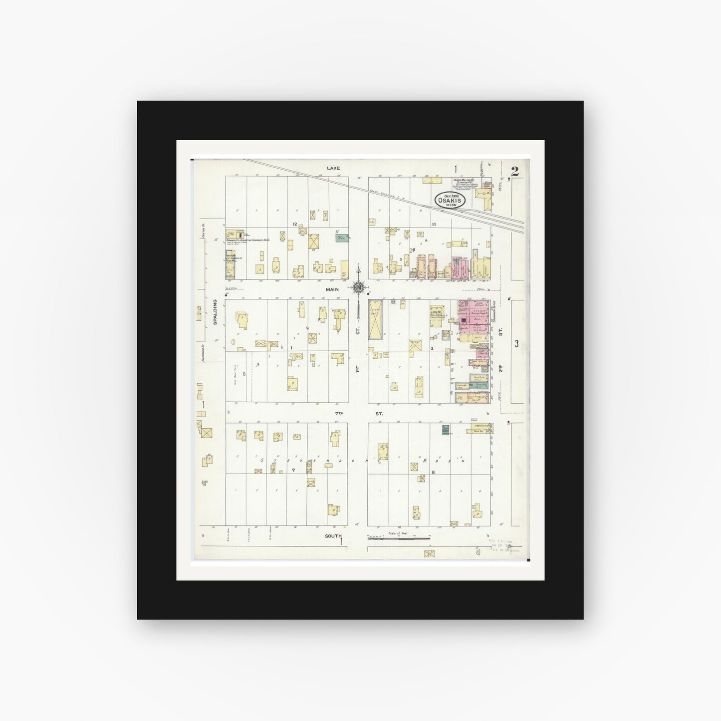 Old map wall art mockup — black gallery frame with white mat — Sanborn Fire Insurance Map from Osakis, Douglas and Todd Counties, Minnesota (1909), Sheet #0002