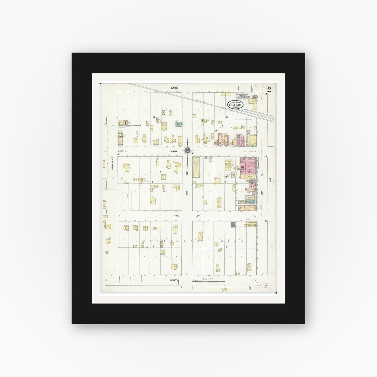 Old map wall art mockup — black gallery frame with white mat — Sanborn Fire Insurance Map from Osakis, Douglas and Todd Counties, Minnesota (1909), Sheet #0002