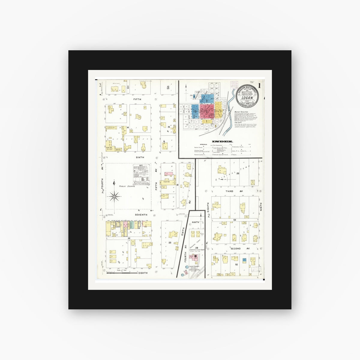 Old map wall art mockup — black gallery frame with white mat — Sanborn Fire Insurance Map from Logan, Harrison County, Iowa (1908) â€” Complete Set