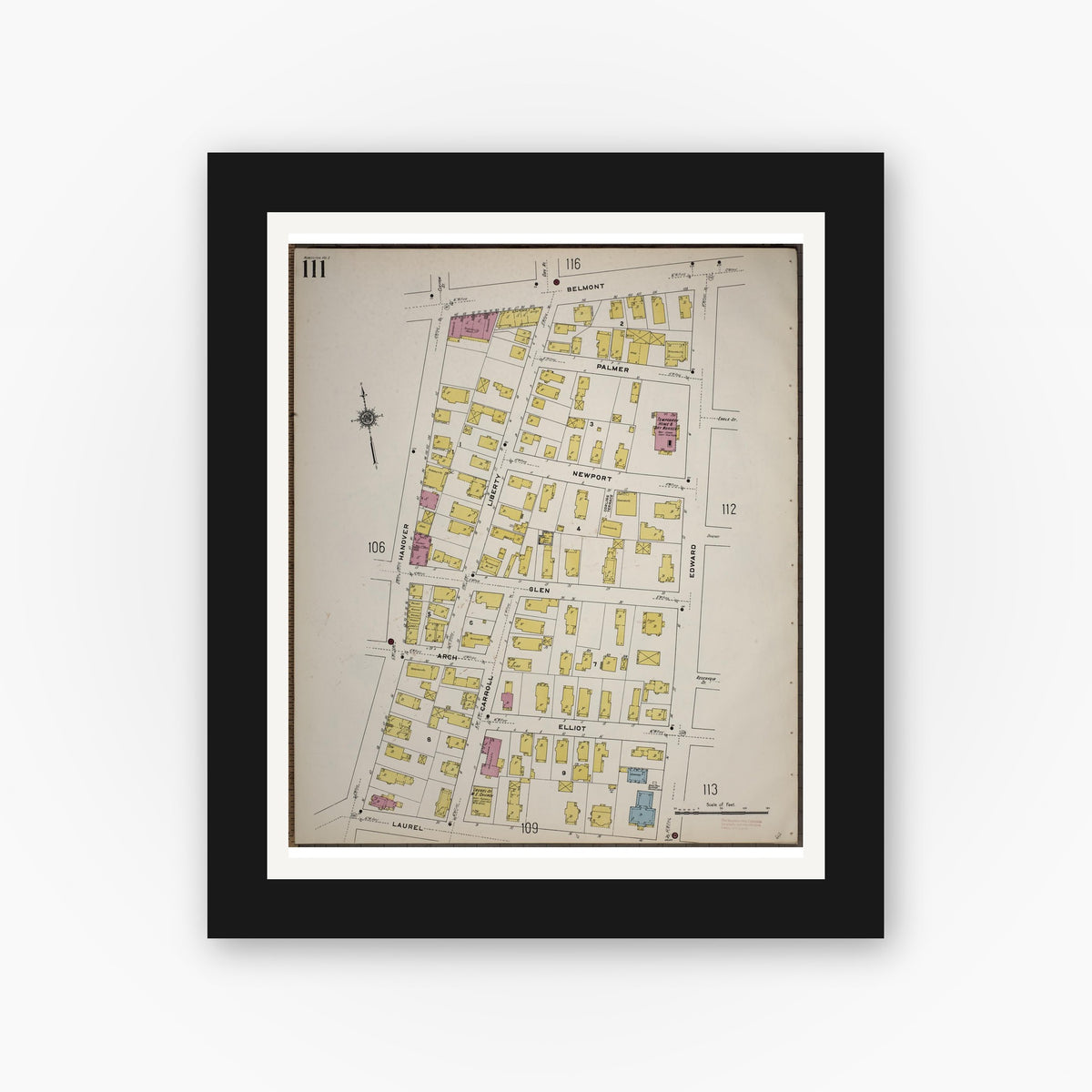 Old map wall art mockup — black gallery frame with white mat — Sanborn Fire Insurance Map from Worcester, Worcester County, Massachusetts (1910), Sheet #0111