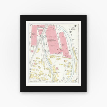 Old map wall art mockup — black gallery frame with white mat — Sanborn Fire Insurance Map from Adams, Berkshire County, Massachusetts (1914), Sheet #0012