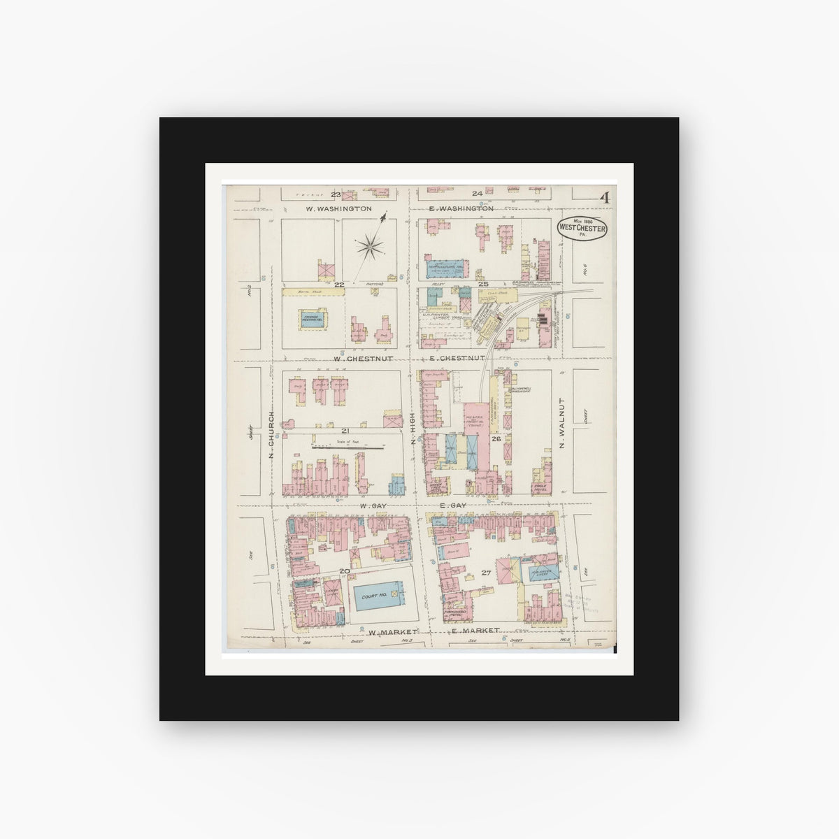 Old map wall art mockup — black gallery frame with white mat — Sanborn Fire Insurance Map from West Chester, Chester County, Pennsylvania (1886), Sheet #0004