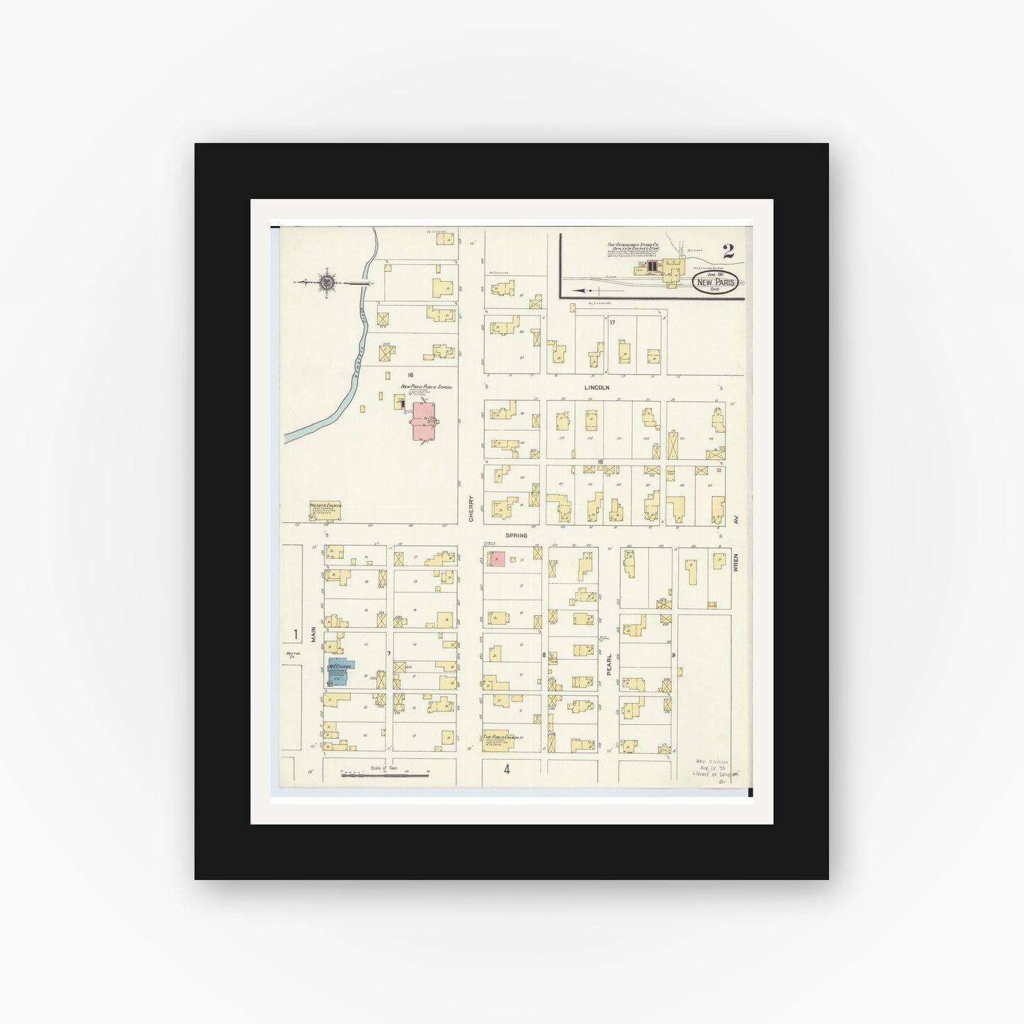 Old map wall art mockup — black gallery frame with white mat — Sanborn Fire Insurance Map from New Paris, Preble County, Ohio (1911), Sheet #0002