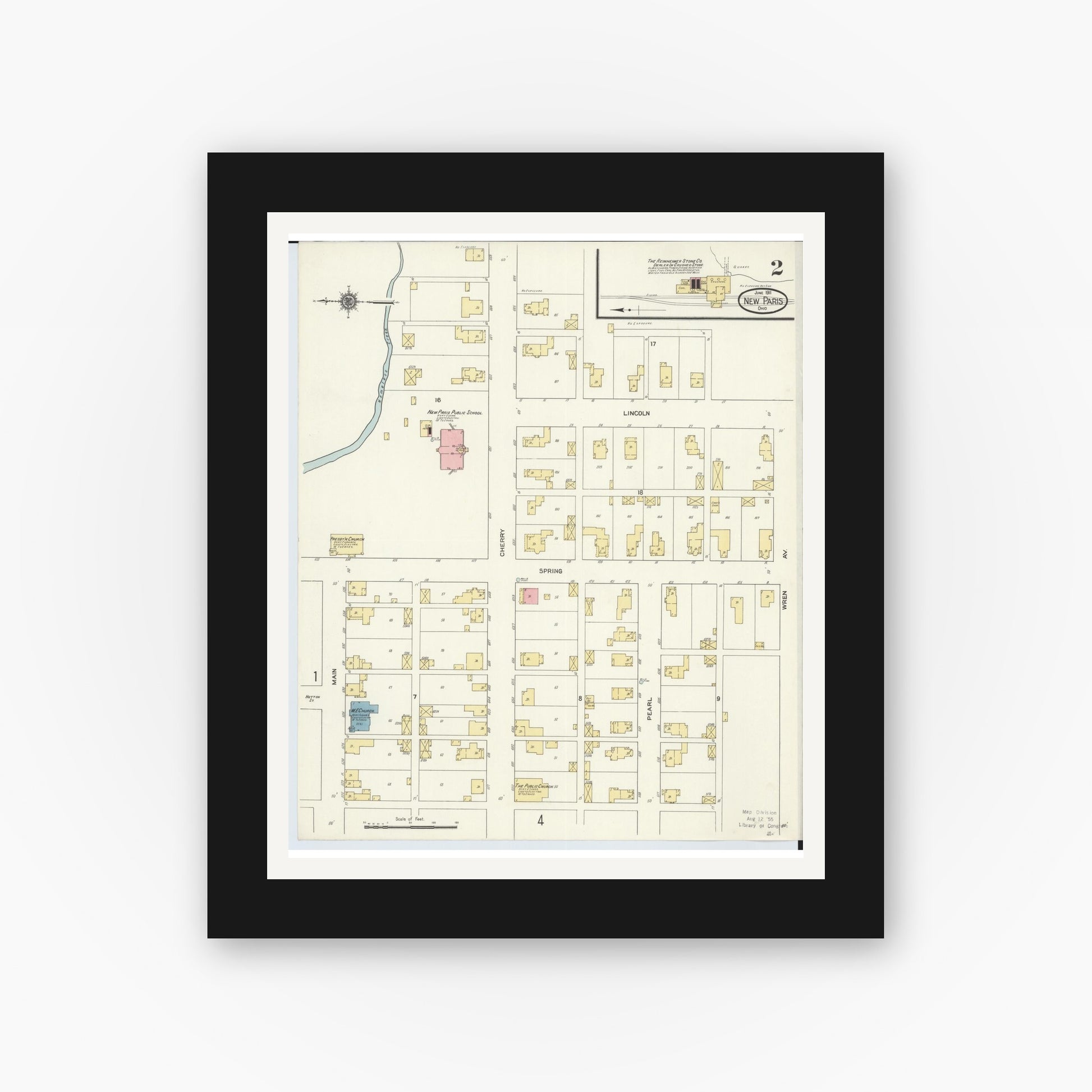 Old map wall art mockup — black gallery frame with white mat — Sanborn Fire Insurance Map from New Paris, Preble County, Ohio (1911), Sheet #0002
