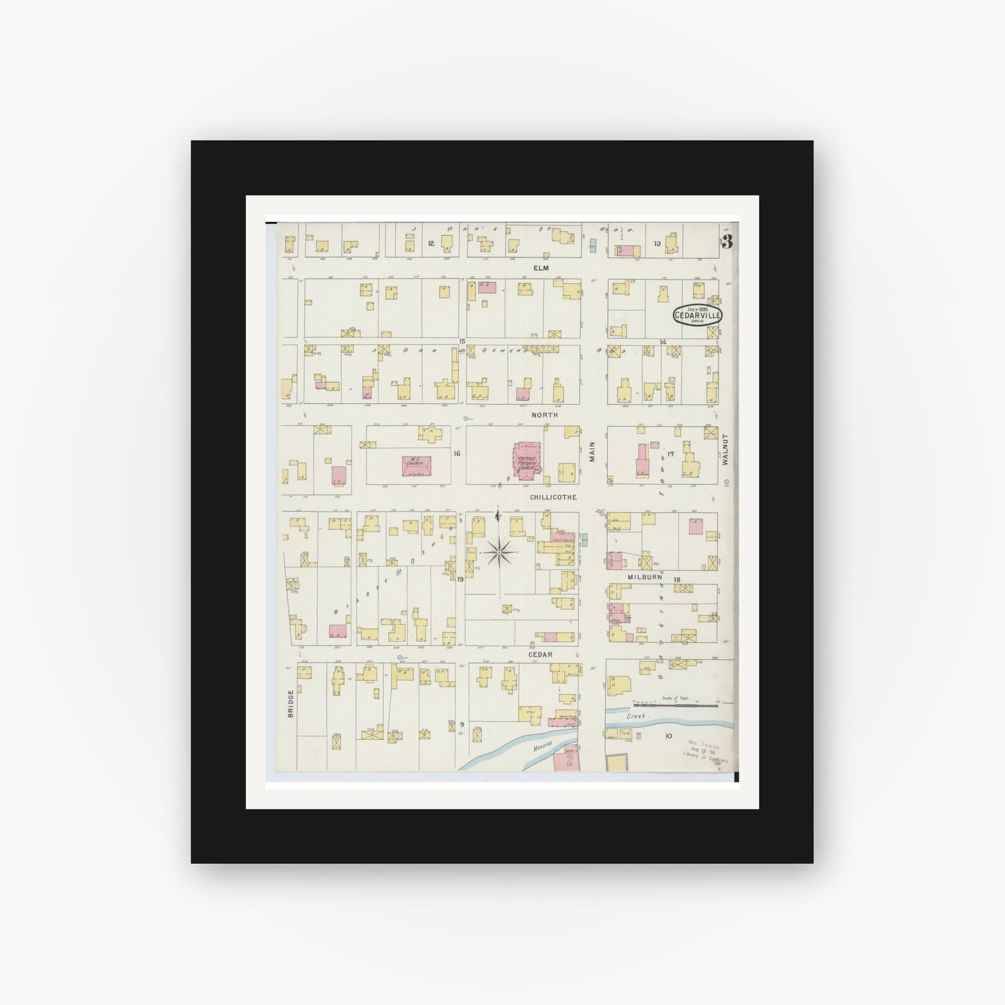 Old map wall art mockup — black gallery frame with white mat — Sanborn Fire Insurance Map from Cedarville, Greene County, Ohio (1895), Sheet #0003