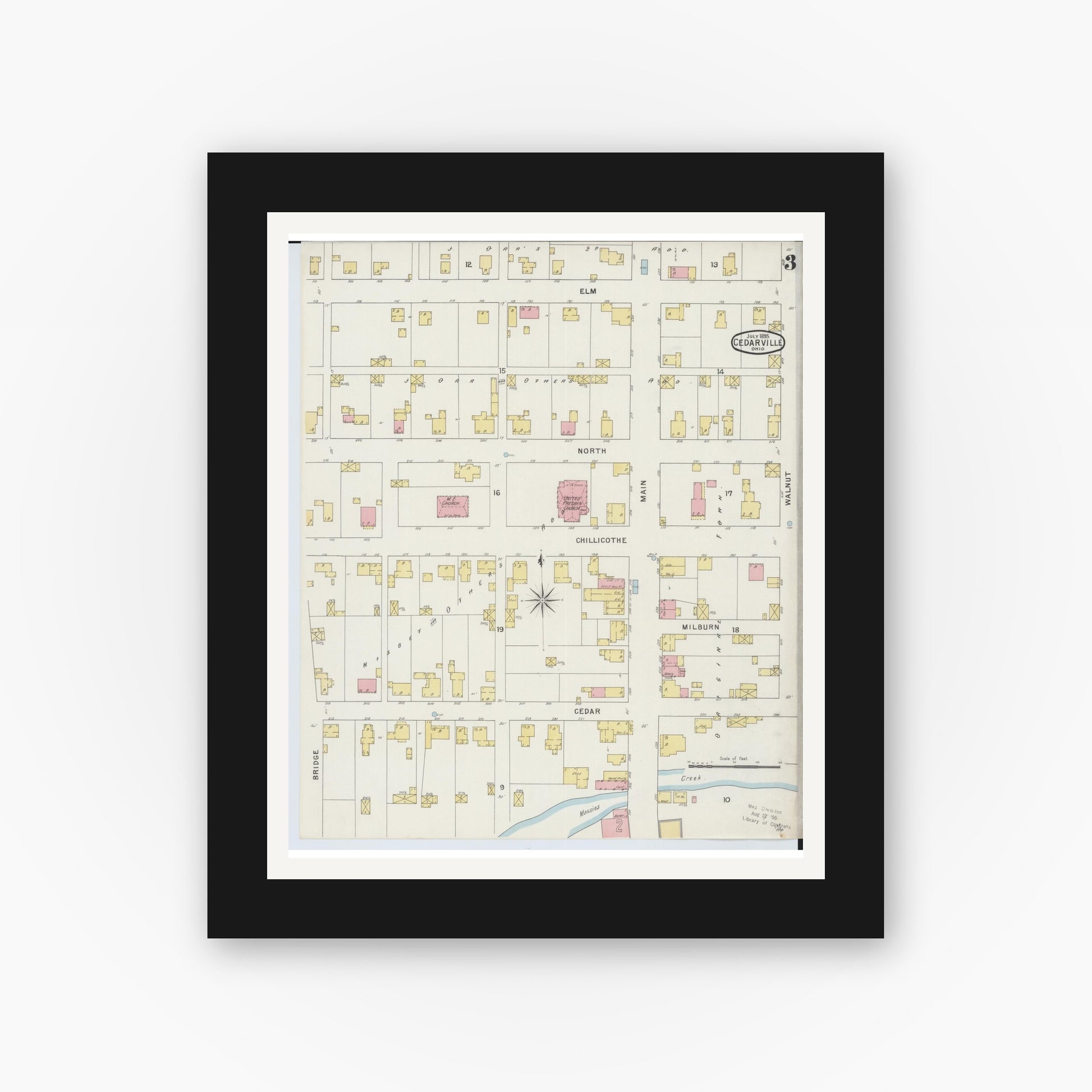 Old map wall art mockup — black gallery frame with white mat — Sanborn Fire Insurance Map from Cedarville, Greene County, Ohio (1895), Sheet #0003