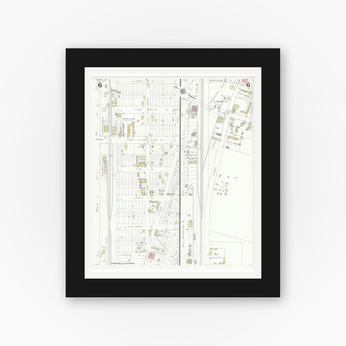Old map wall art mockup — black gallery frame with white mat — Sanborn Fire Insurance Map from Odessa, Edger County, Texas (1934), Sheet #0006