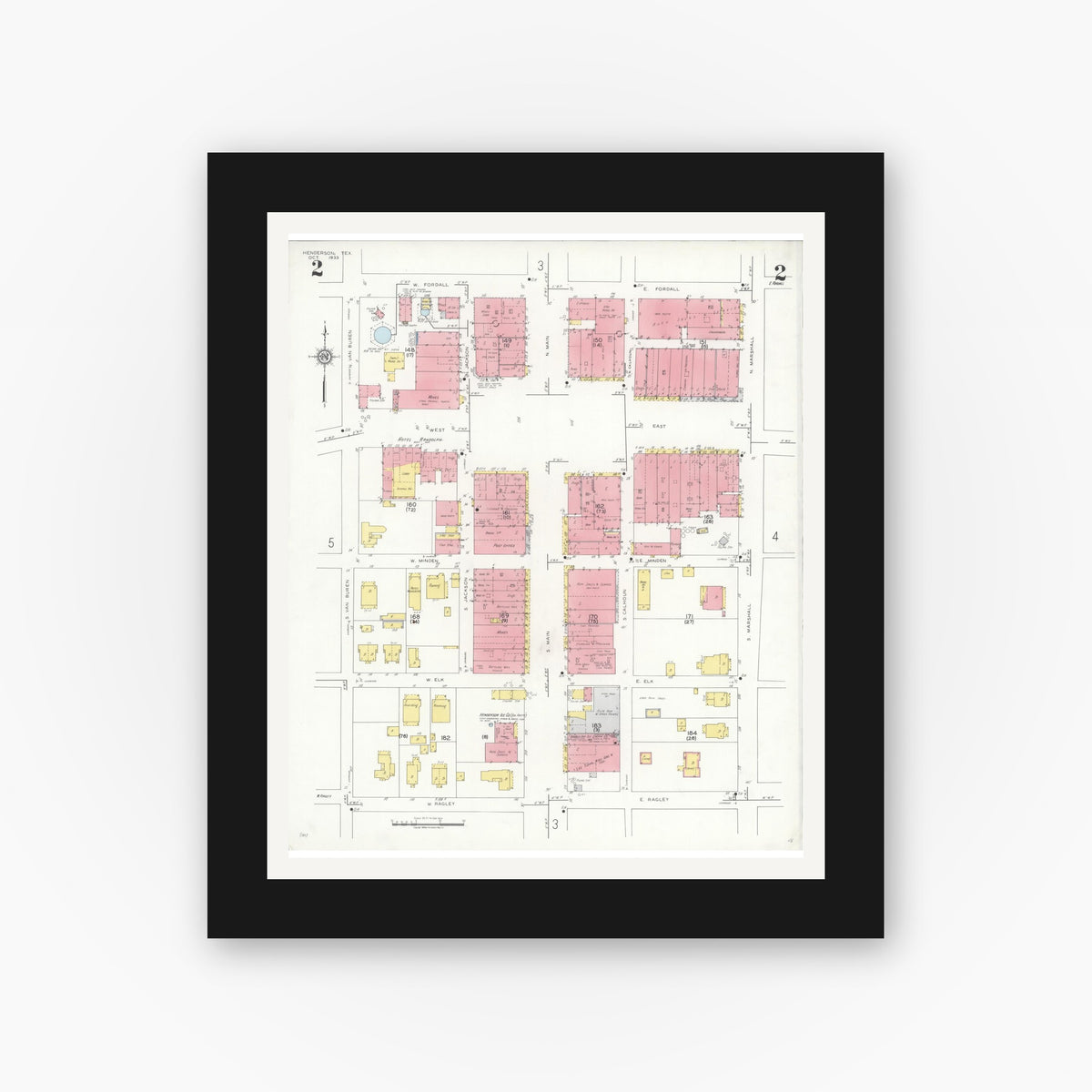 Old map wall art mockup — black gallery frame with white mat — Sanborn Fire Insurance Map from Henderson, Rusk County, Texas (1933), Sheet #0002