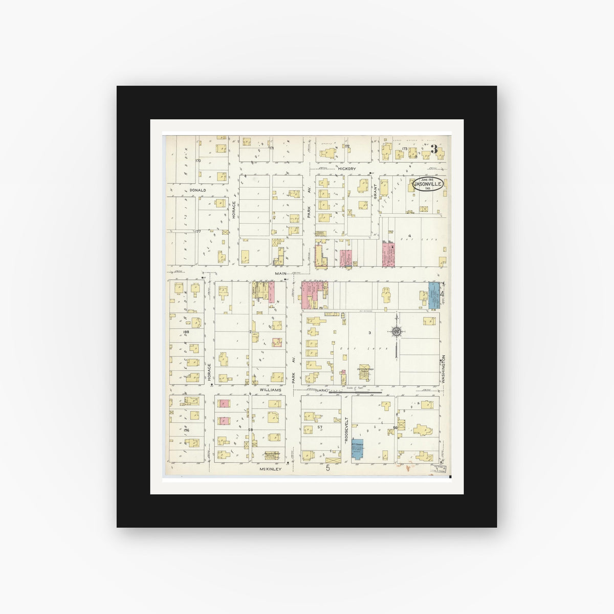 Old map wall art mockup — black gallery frame with white mat — Sanborn Fire Insurance Map from Jasonville, Greene County, Indiana (1915), Sheet #0003
