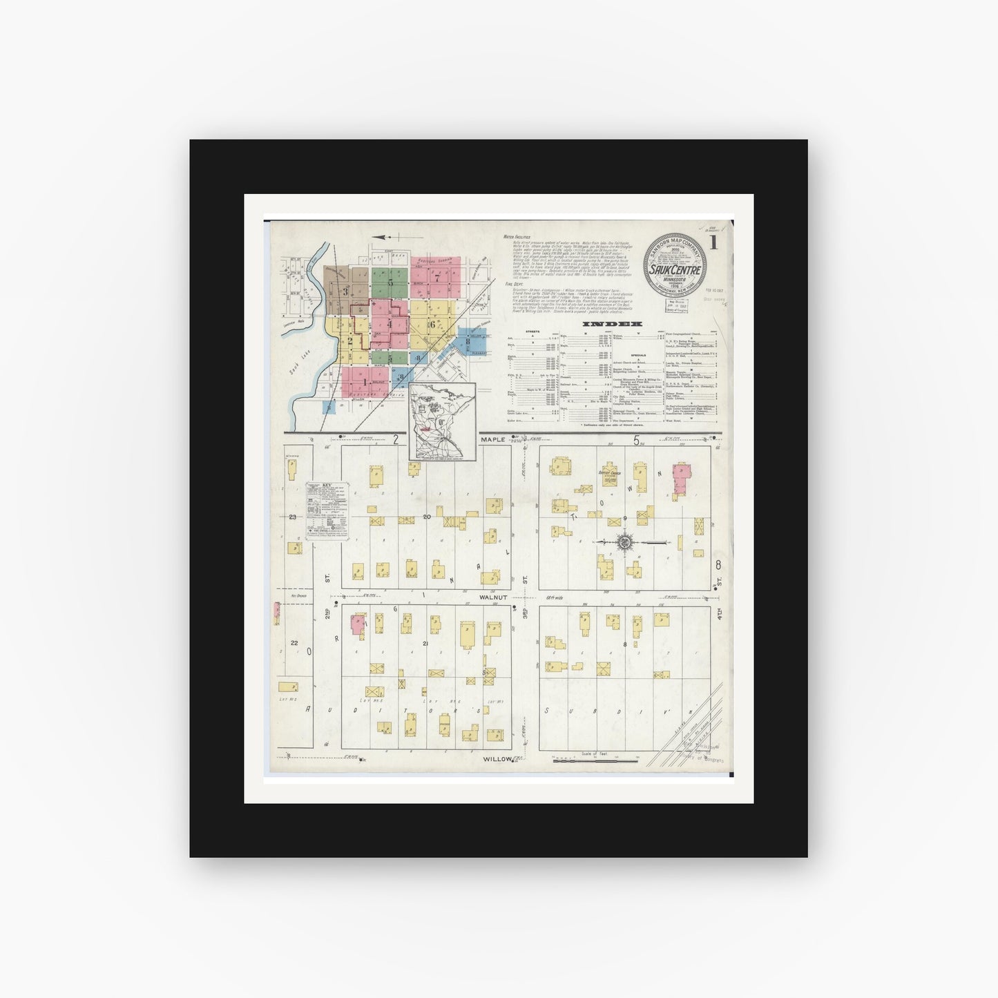 Old map wall art mockup — black gallery frame with white mat — Sanborn Fire Insurance Map from Sauk Centre, Stearns County, Minnesota (1916) - Complete Map Set