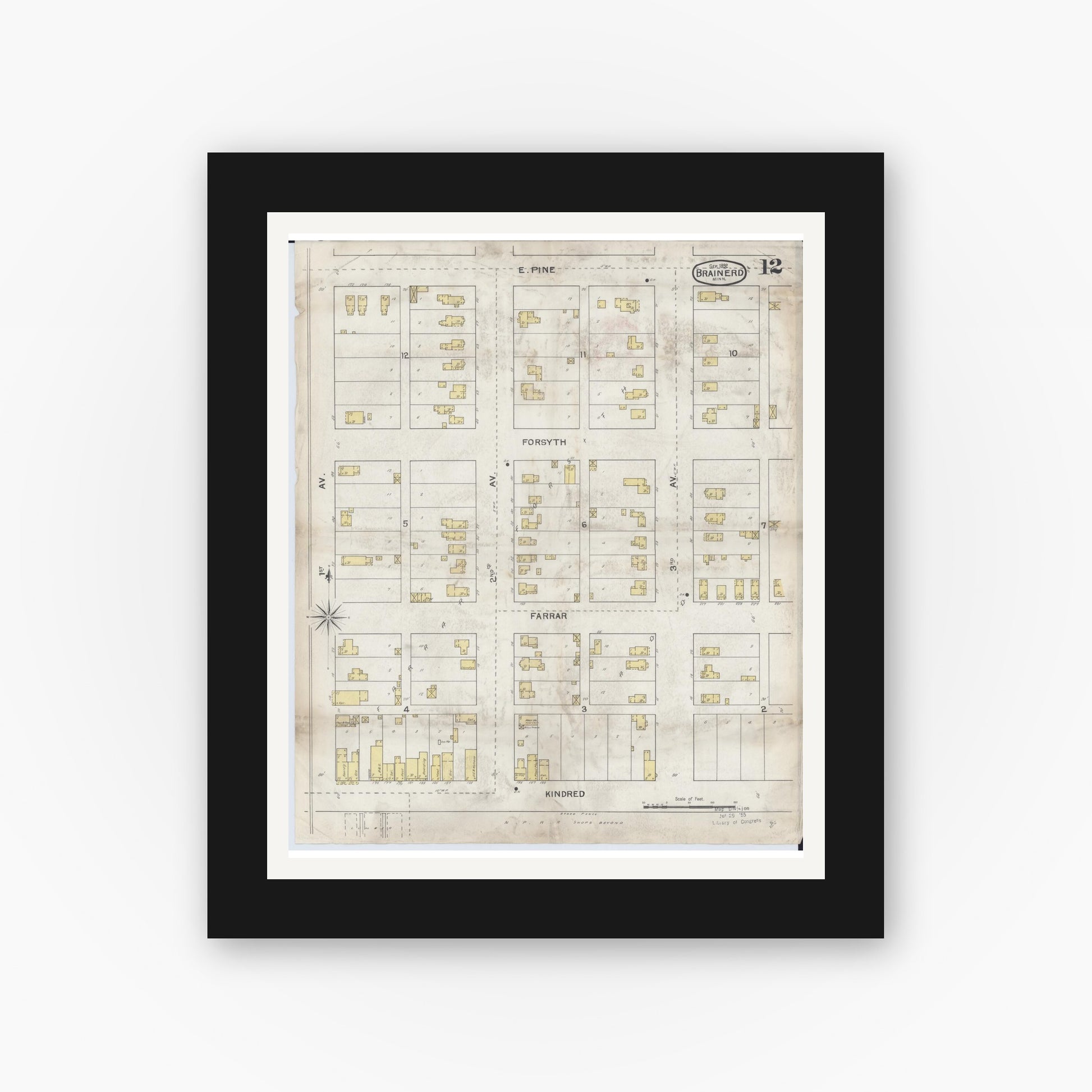 Old map wall art mockup — black gallery frame with white mat — Sanborn Fire Insurance Map from Brainerd, Crow Wing County, Minnesota (1892), Sheet #0012