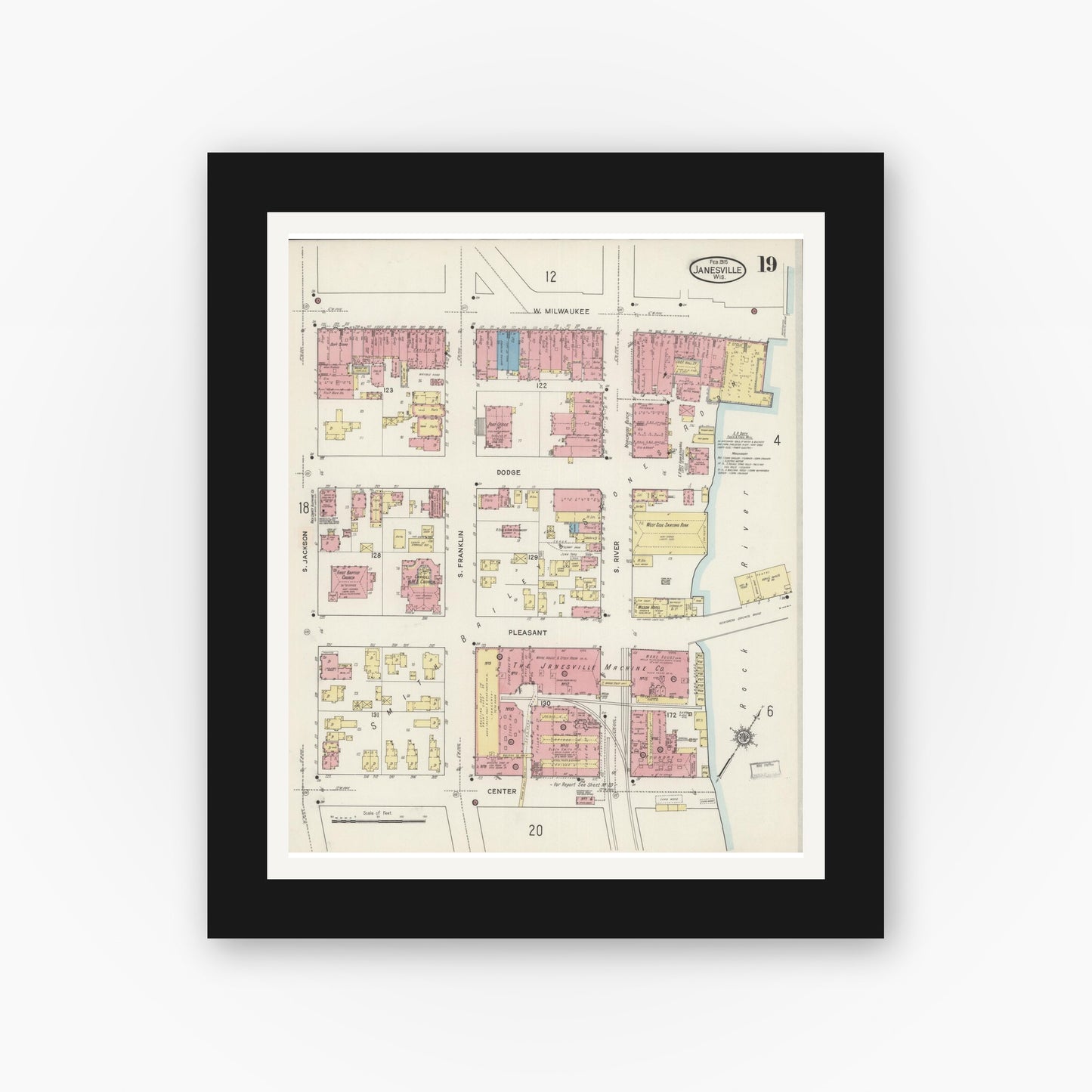 Old map wall art mockup — black gallery frame with white mat — Sanborn Fire Insurance Map from Janesville, Rock County, Wisconsin (1915), Sheet #0019