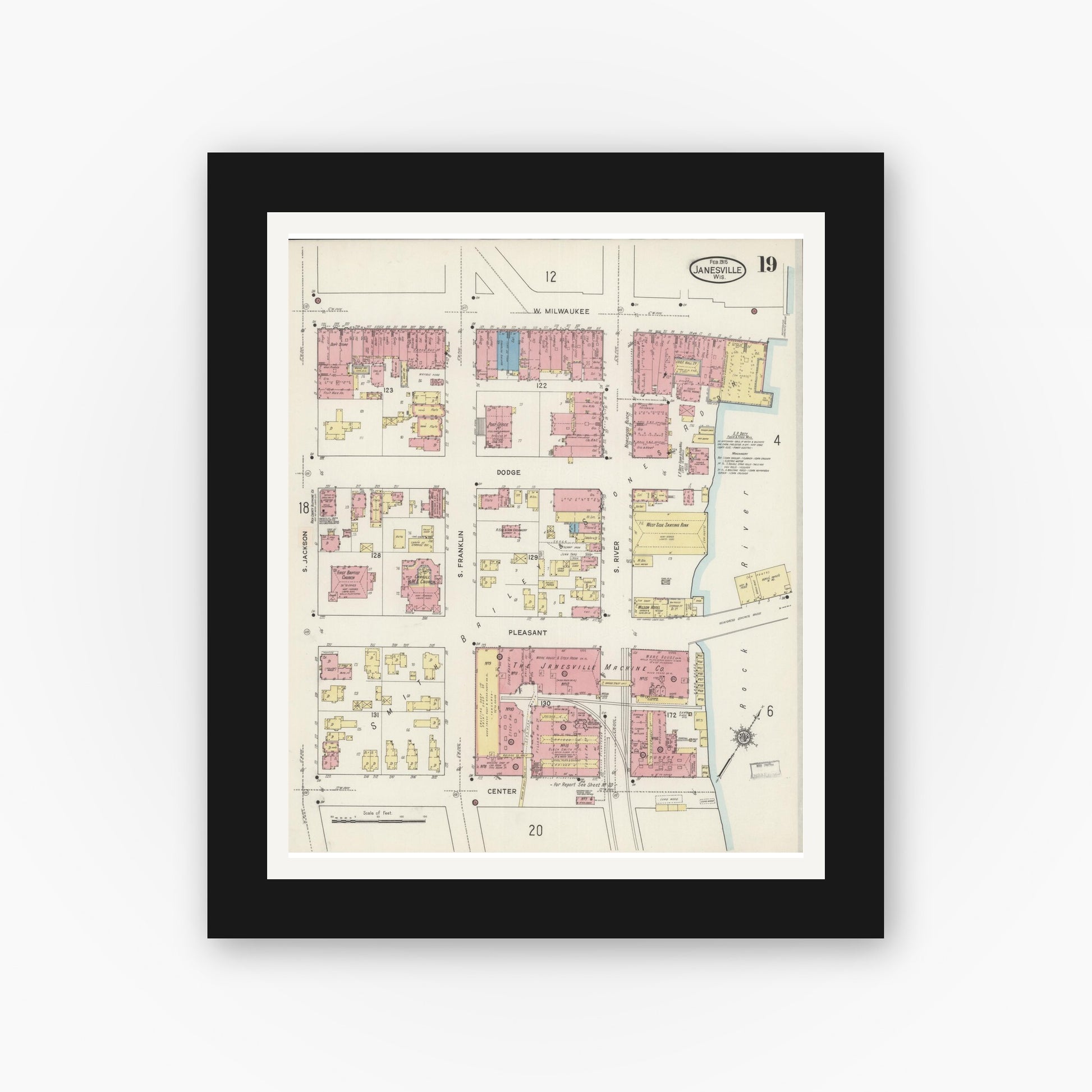 Old map wall art mockup — black gallery frame with white mat — Sanborn Fire Insurance Map from Janesville, Rock County, Wisconsin (1915), Sheet #0019