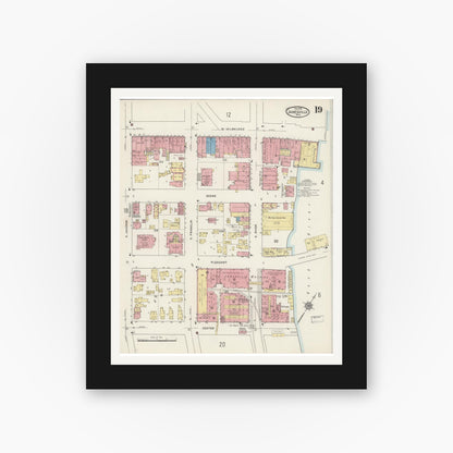 Old map wall art mockup — black gallery frame with white mat — Sanborn Fire Insurance Map from Janesville, Rock County, Wisconsin (1915), Sheet #0019