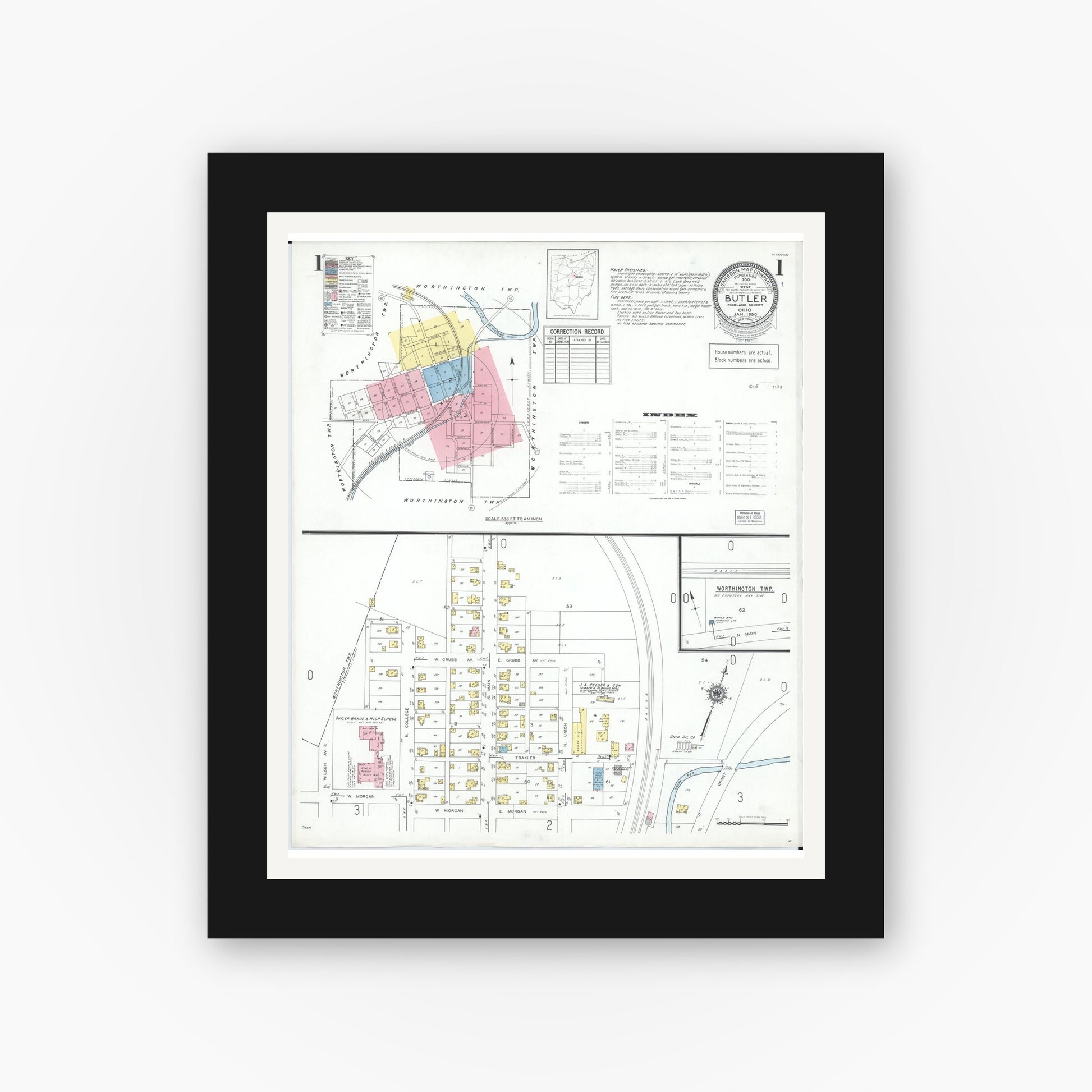 Old map wall art mockup — black gallery frame with white mat — Sanborn Fire Insurance Map from Butler, Richland County, Ohio (1950), Sheet #0001