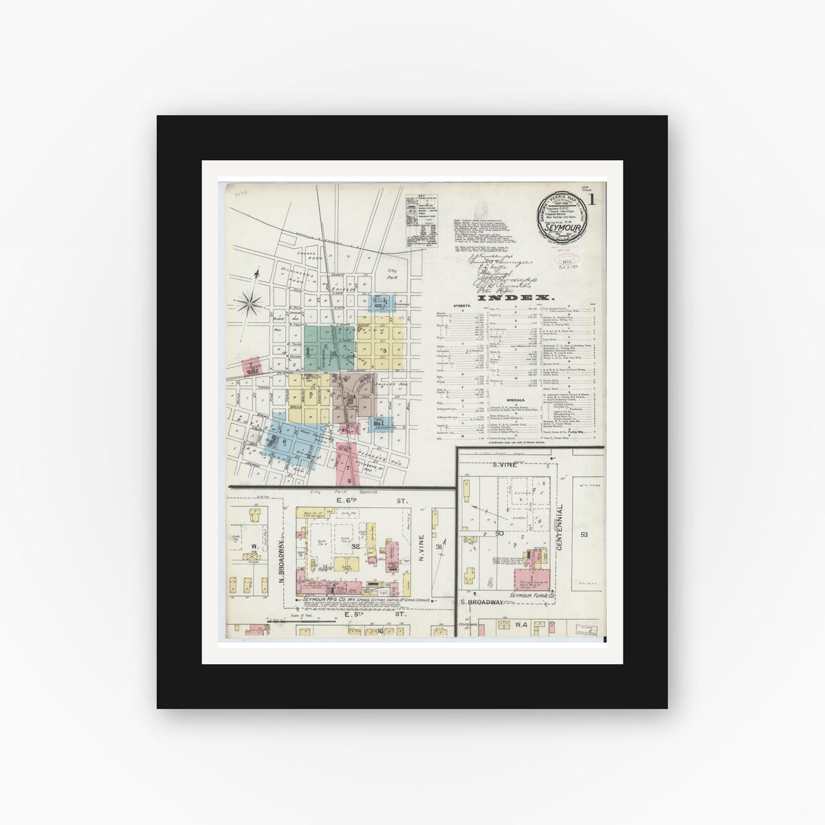 Old map wall art mockup — black gallery frame with white mat — Sanborn Fire Insurance Map from Seymour, Jackson County, Indiana (1892), Sheet #0001