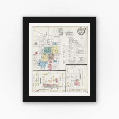 Old map wall art mockup — black gallery frame with white mat — Sanborn Fire Insurance Map from Seymour, Jackson County, Indiana (1892), Sheet #0001