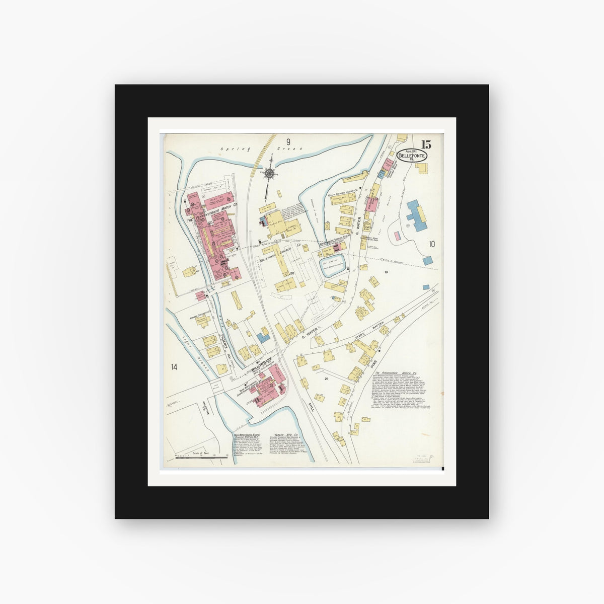 Old map wall art mockup — black gallery frame with white mat — Sanborn Fire Insurance Map from Bellefonte, Centre County, Pennsylvania (1911), Sheet #0015