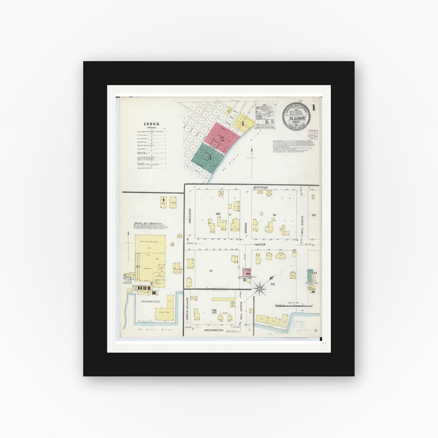 Old map wall art mockup — black gallery frame with white mat — Sanborn Fire Insurance Map from Algonac, Saint Clair County, Michigan (1907), Sheet #0001